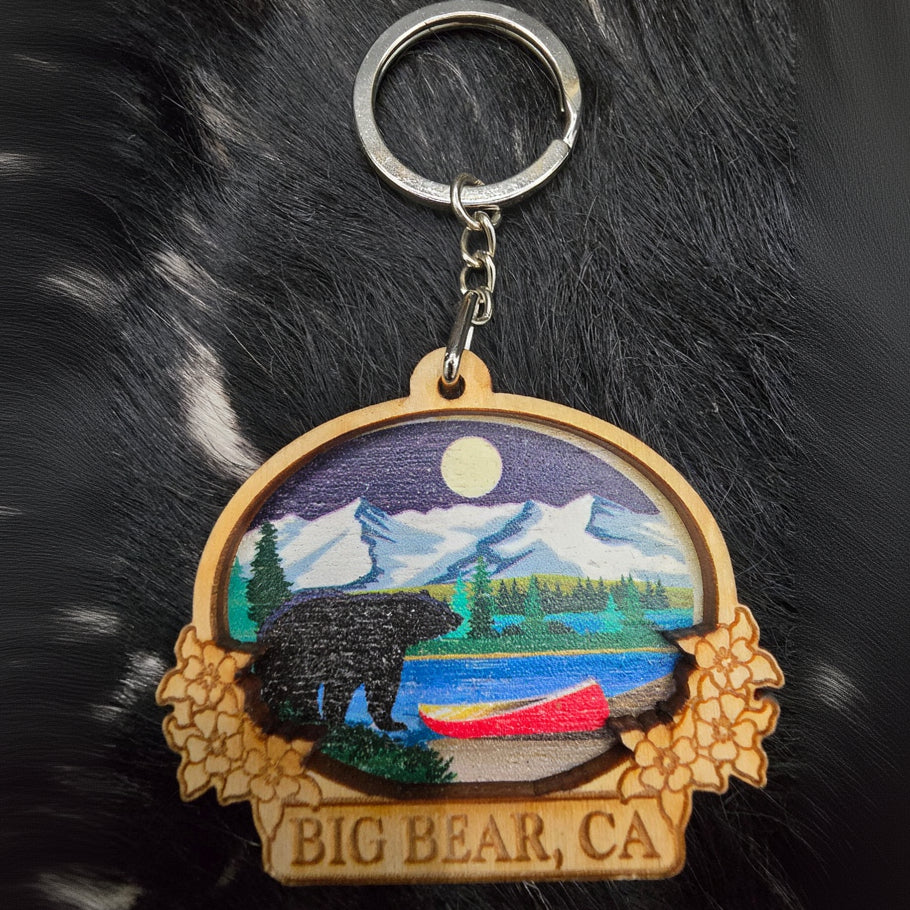 Big Bear California Wood Engraved Night Scene Keychain