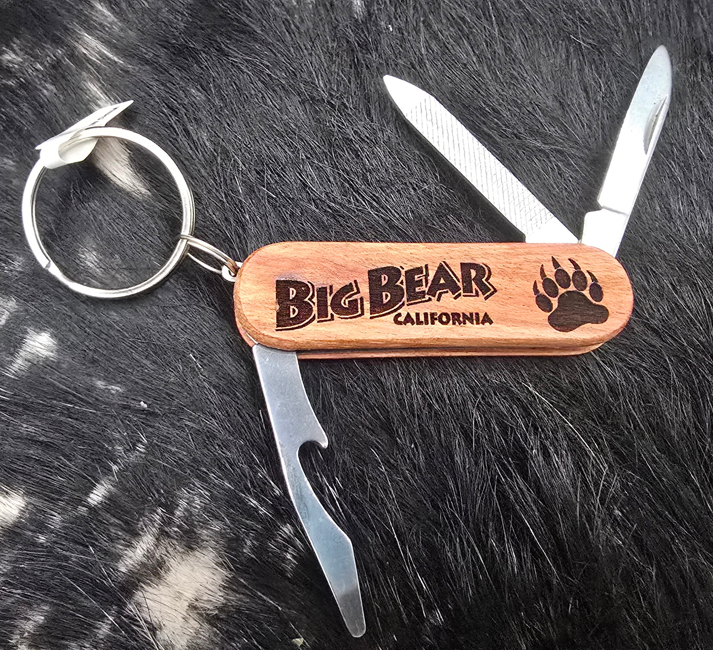Big Bear California Multi Tool Keychain Knife File Bottle Opener Wood Handle Bear Paw