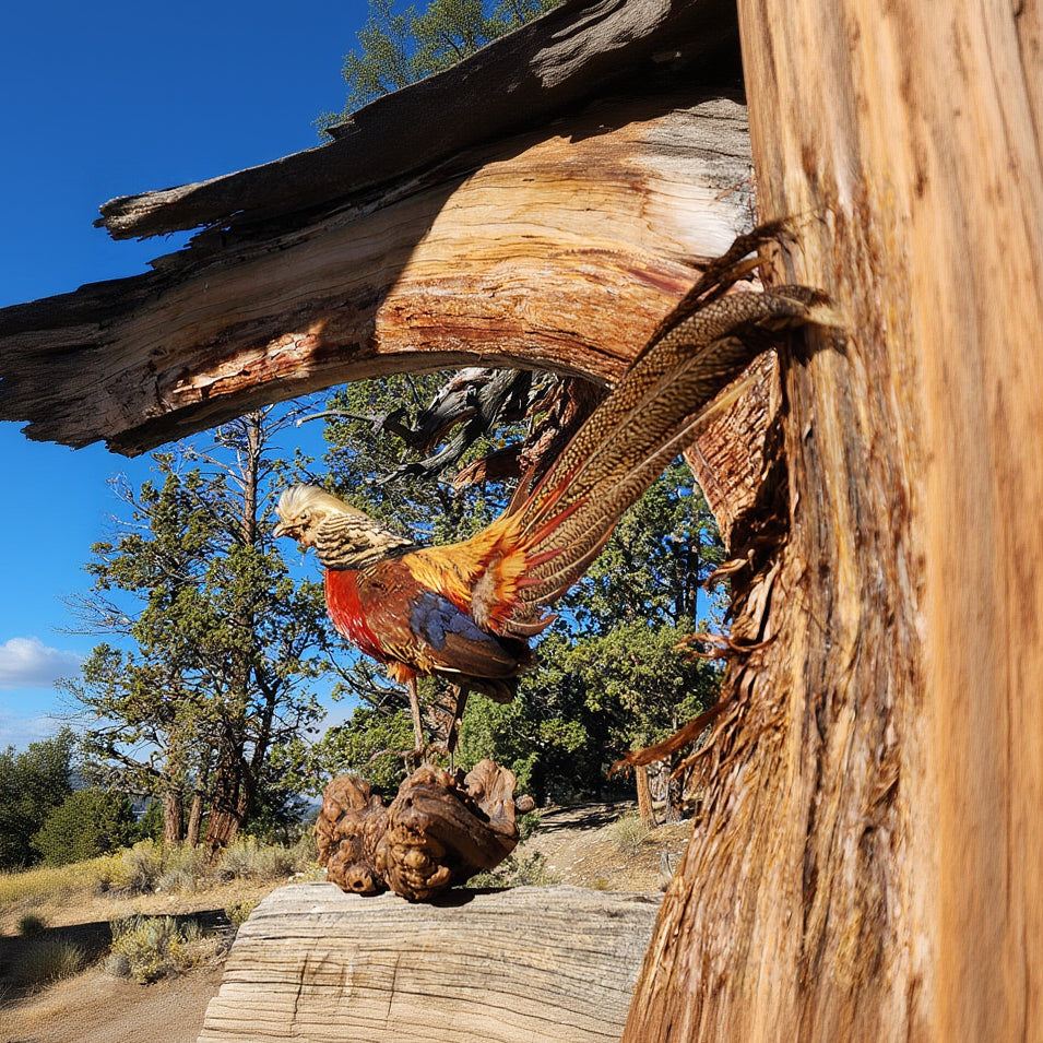vintage Red Golden Pheasant taxidermy mount with long flowing tail feathers perched on natural burl wood base rustic lodge decor display