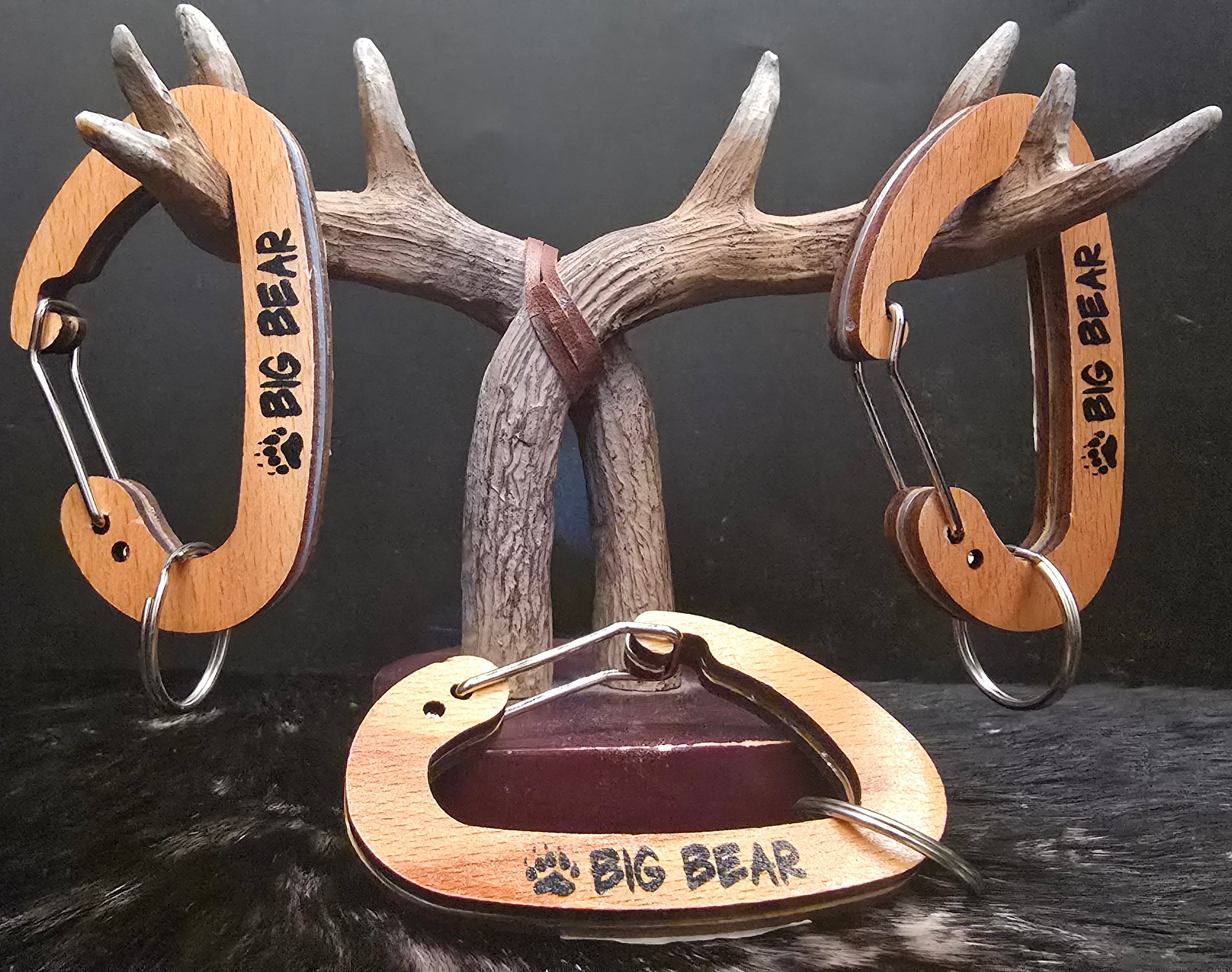 big bear wooden carabiner keychain paw print rustic key clip