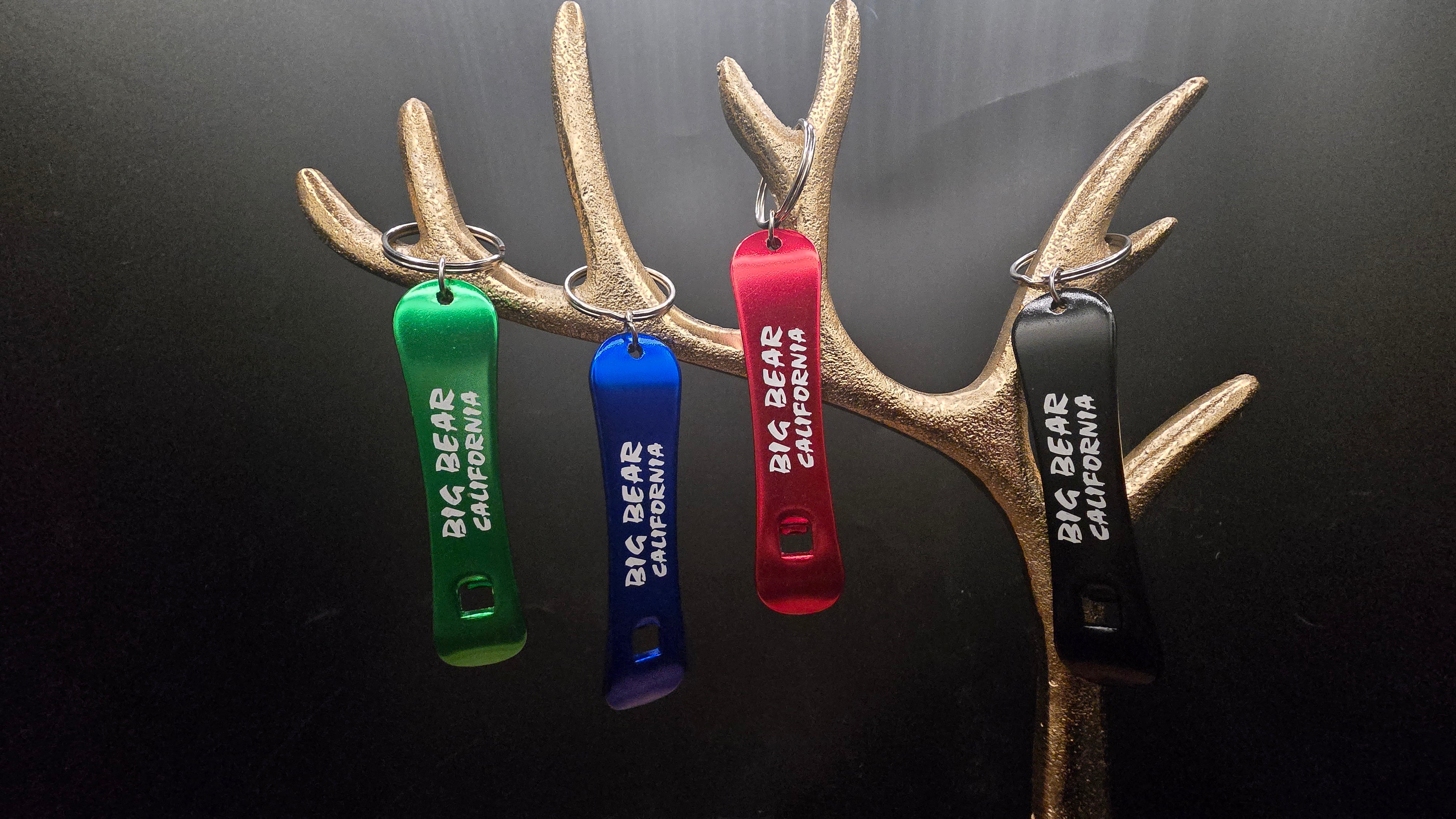 big bear california metal bottle opener keychain available in green blue red and black colors