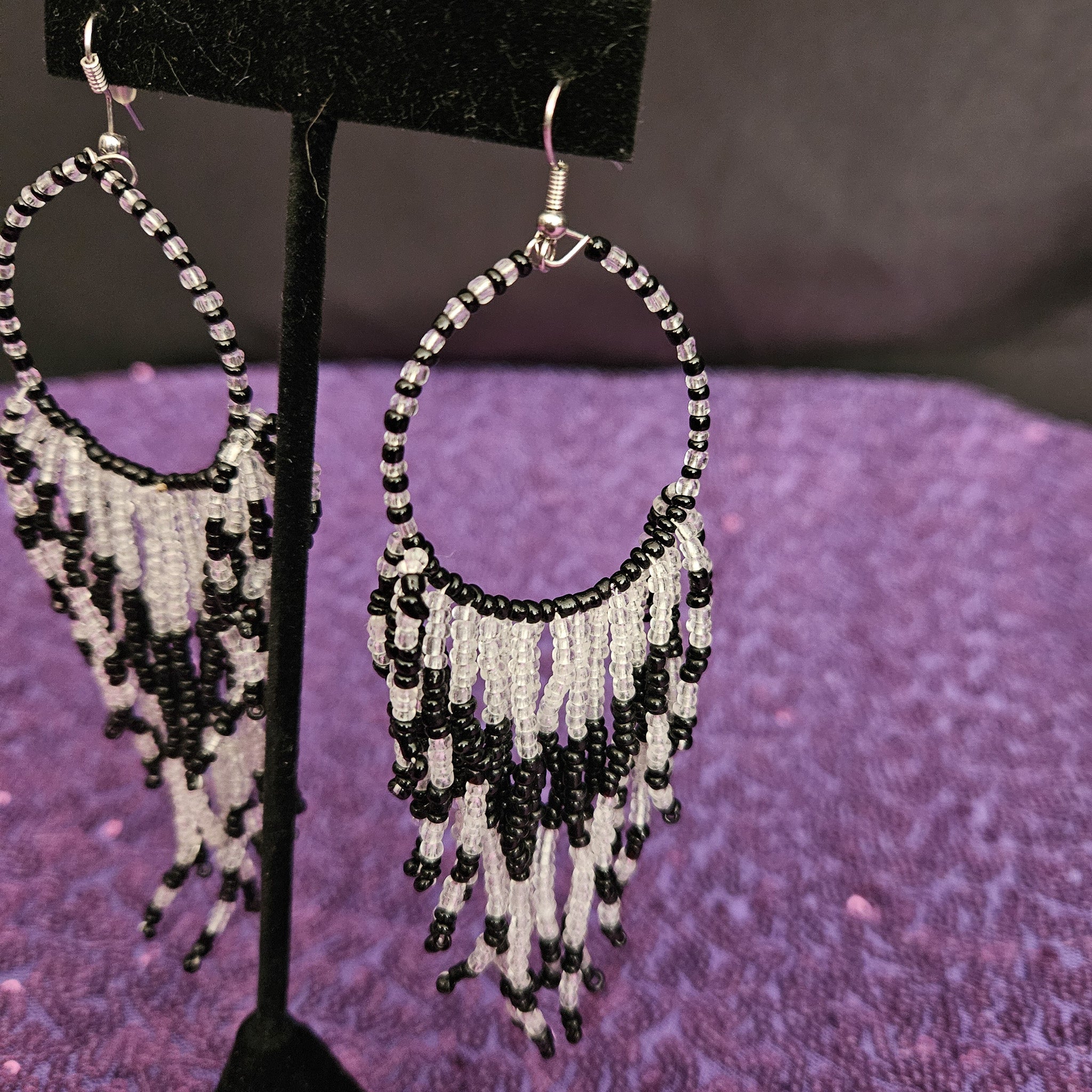 Black and White Bugle Seed Beaded Dangle Earrings