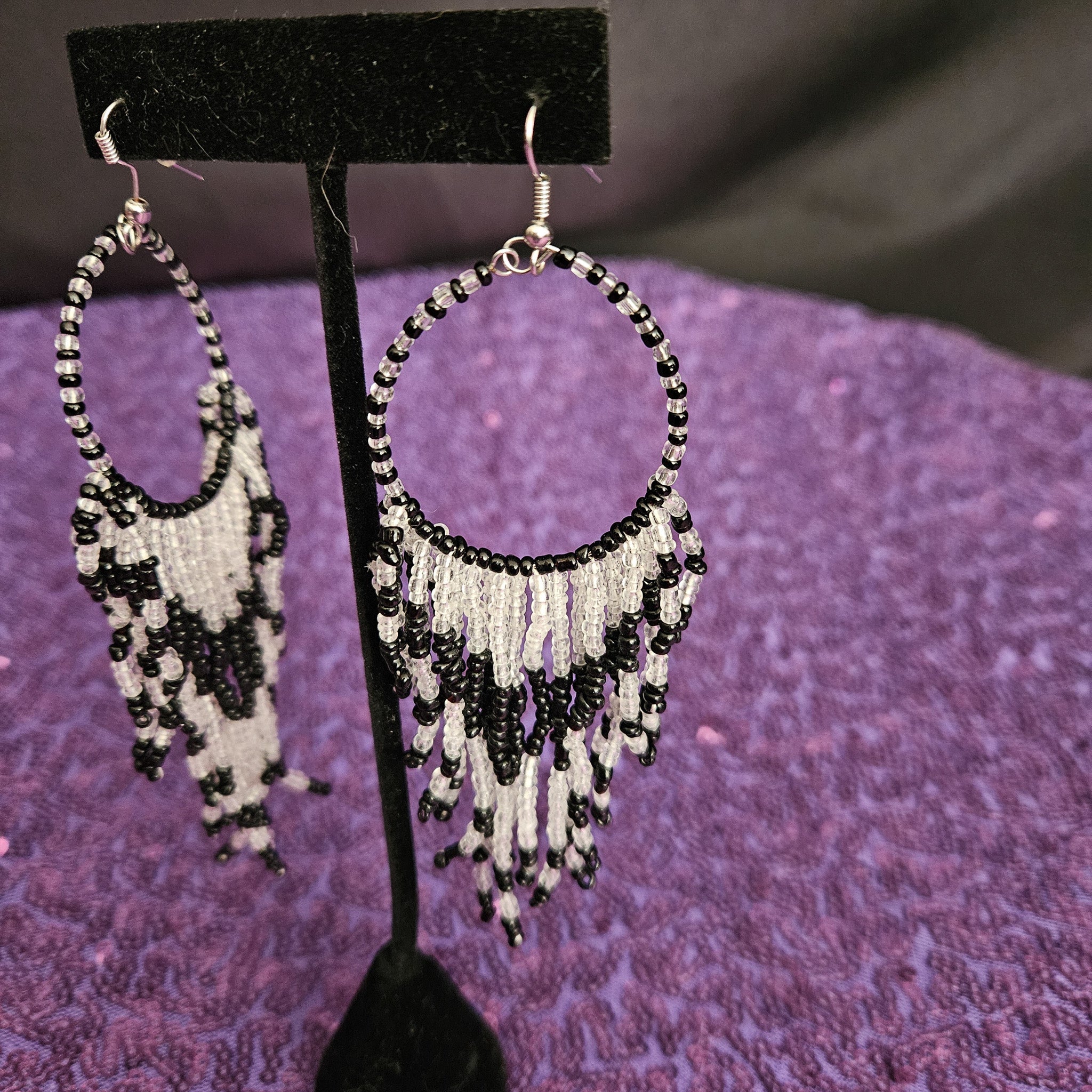 Black and White Bugle Seed Beaded Dangle Earrings