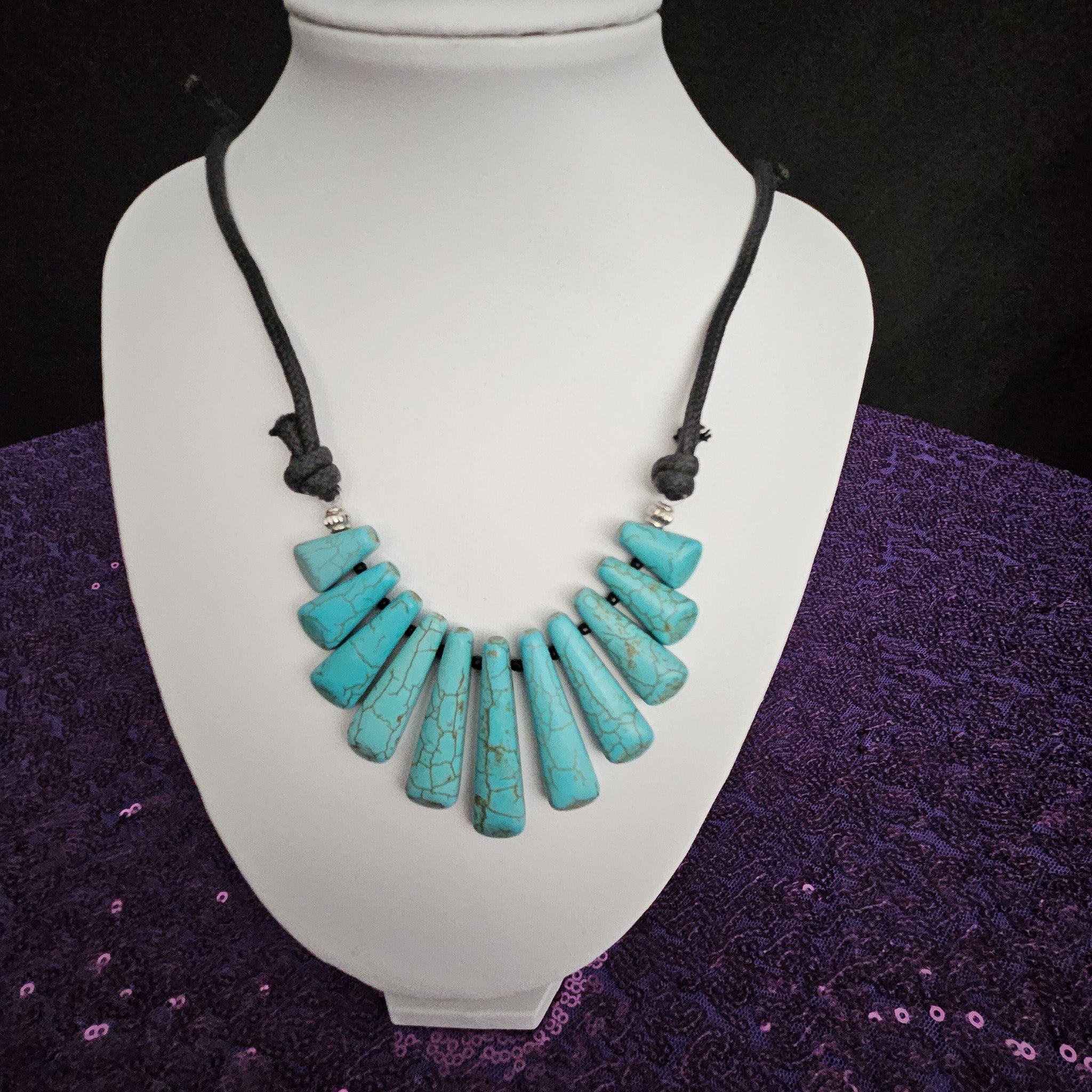 Blue Faux Turquoise Tear Shape Stone Leather Strap Necklace and Earrings Set