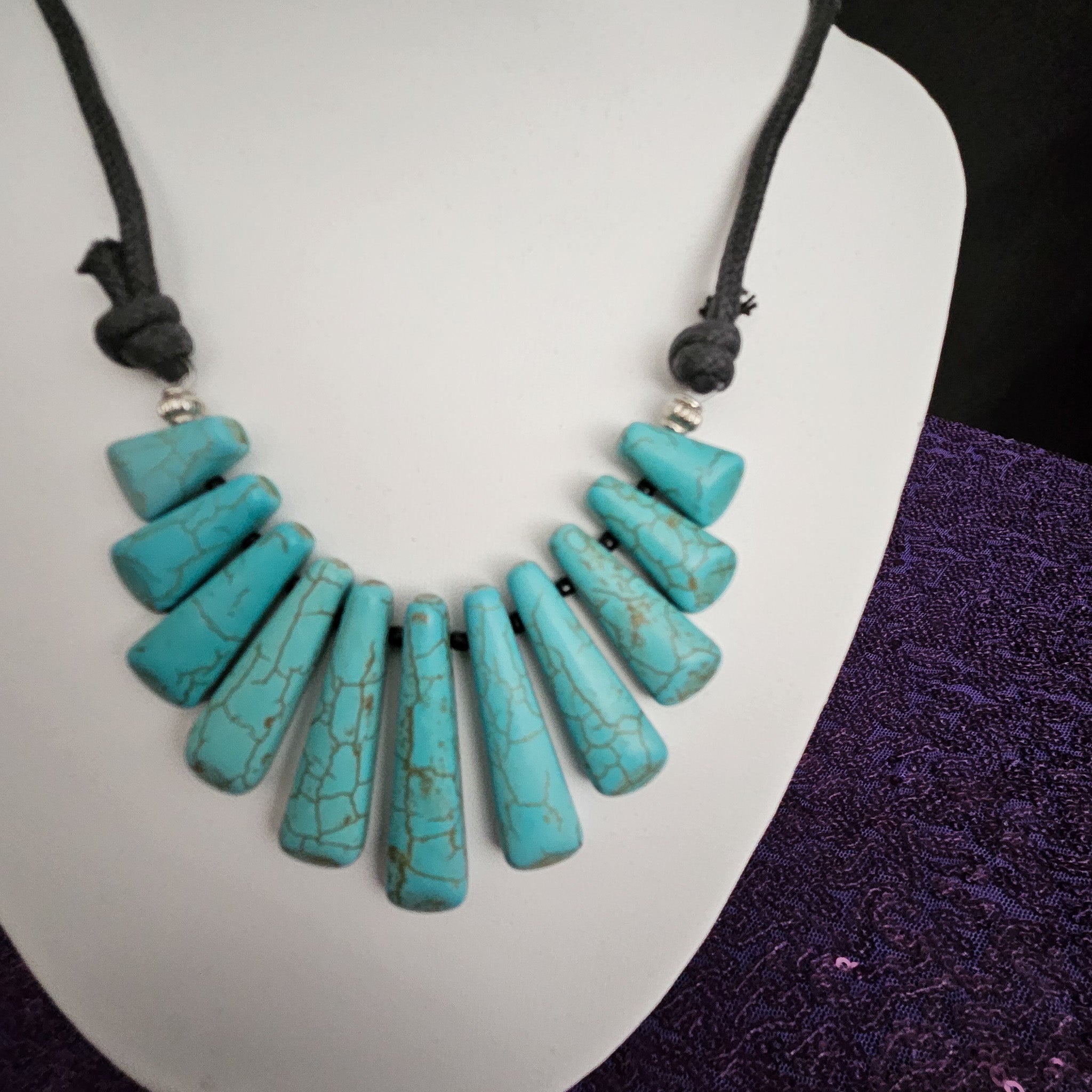 Blue Faux Turquoise Tear Shape Stone Leather Strap Necklace and Earrings Set