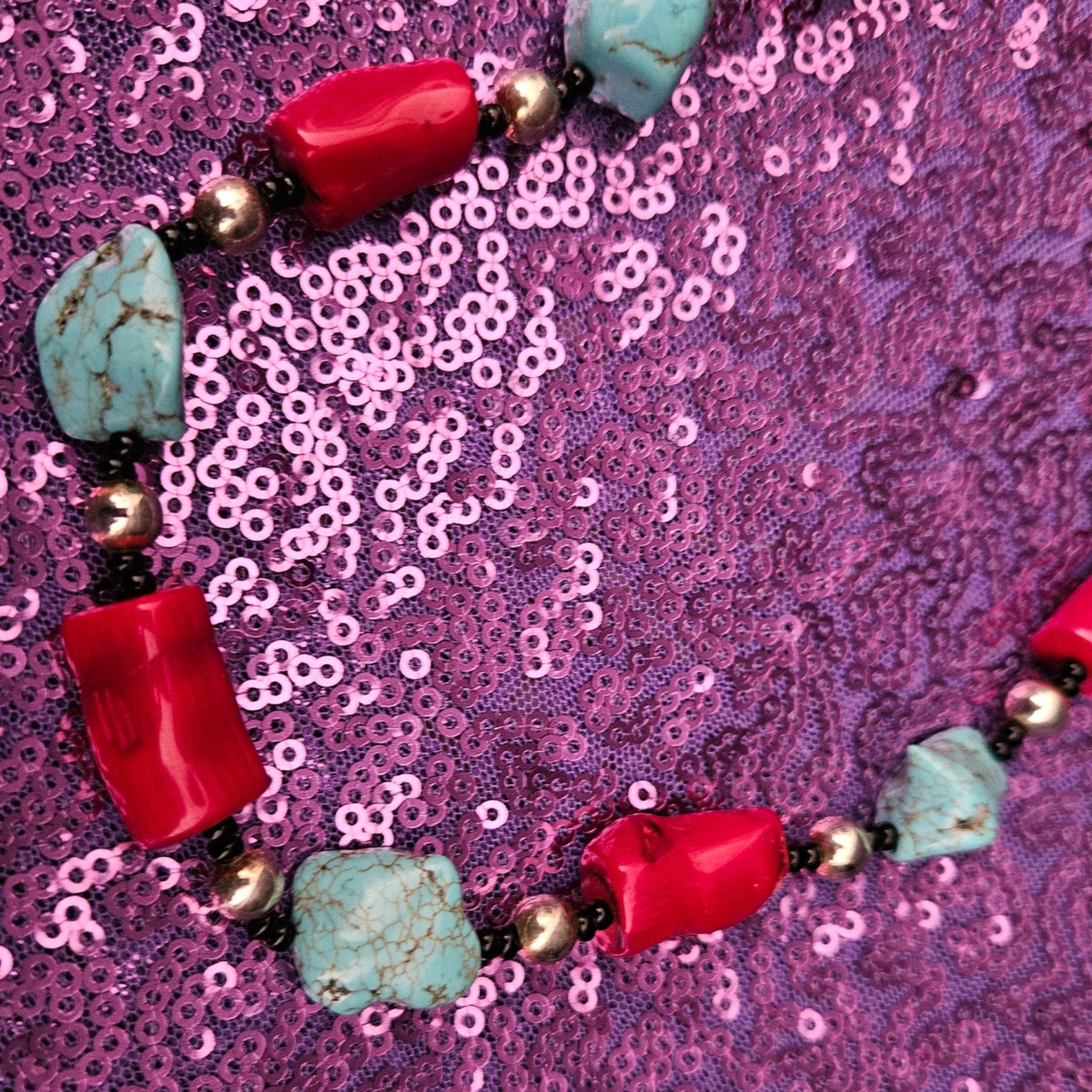 Turquoise Dyed Howlite and Bright Red Faux Coral Necklace