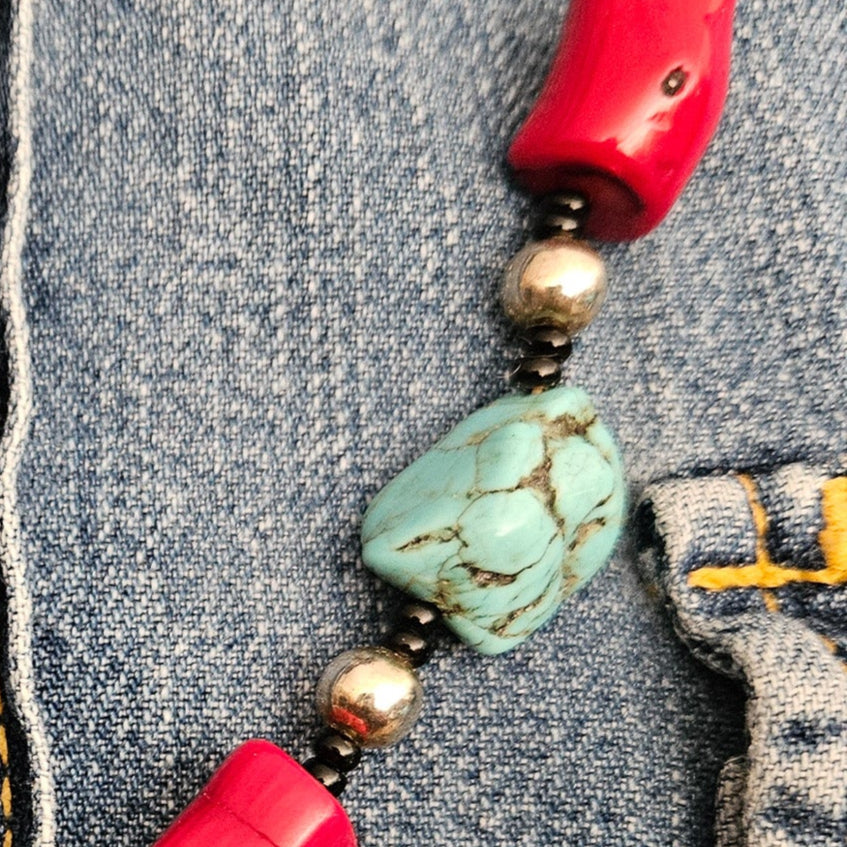 Turquoise Dyed Howlite and Bright Red Faux Coral Necklace