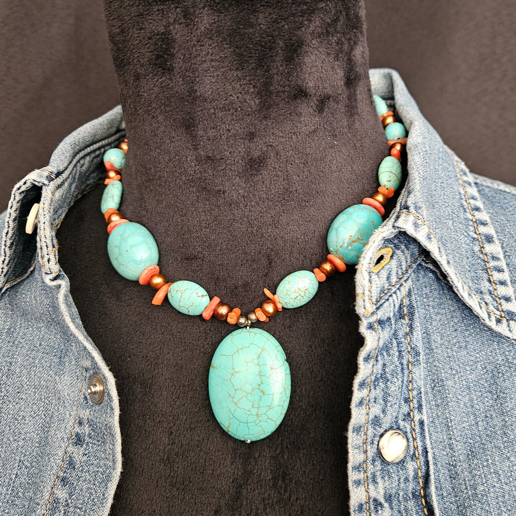 Turquoise Dyed Howlite Stone and Coral Necklace