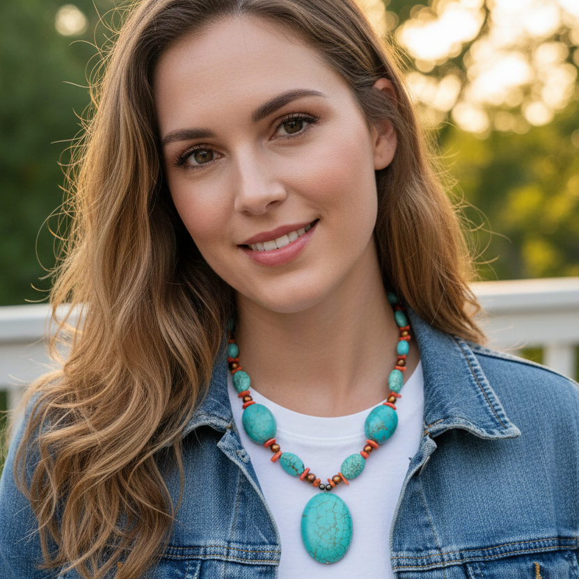 Turquoise Dyed Howlite Stone and Coral Necklace