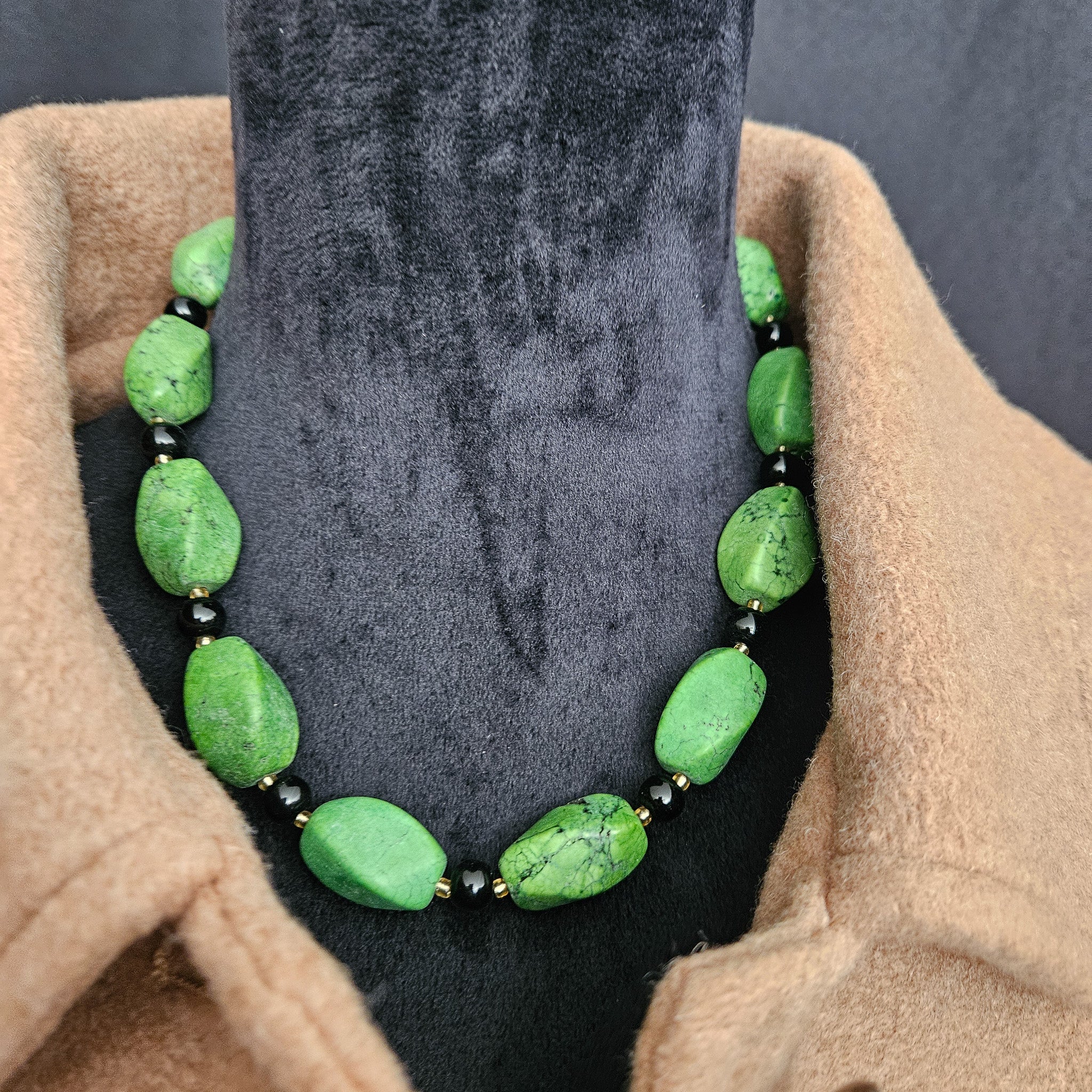 Green Gasperetti Stone and Obsidian Bead Necklace