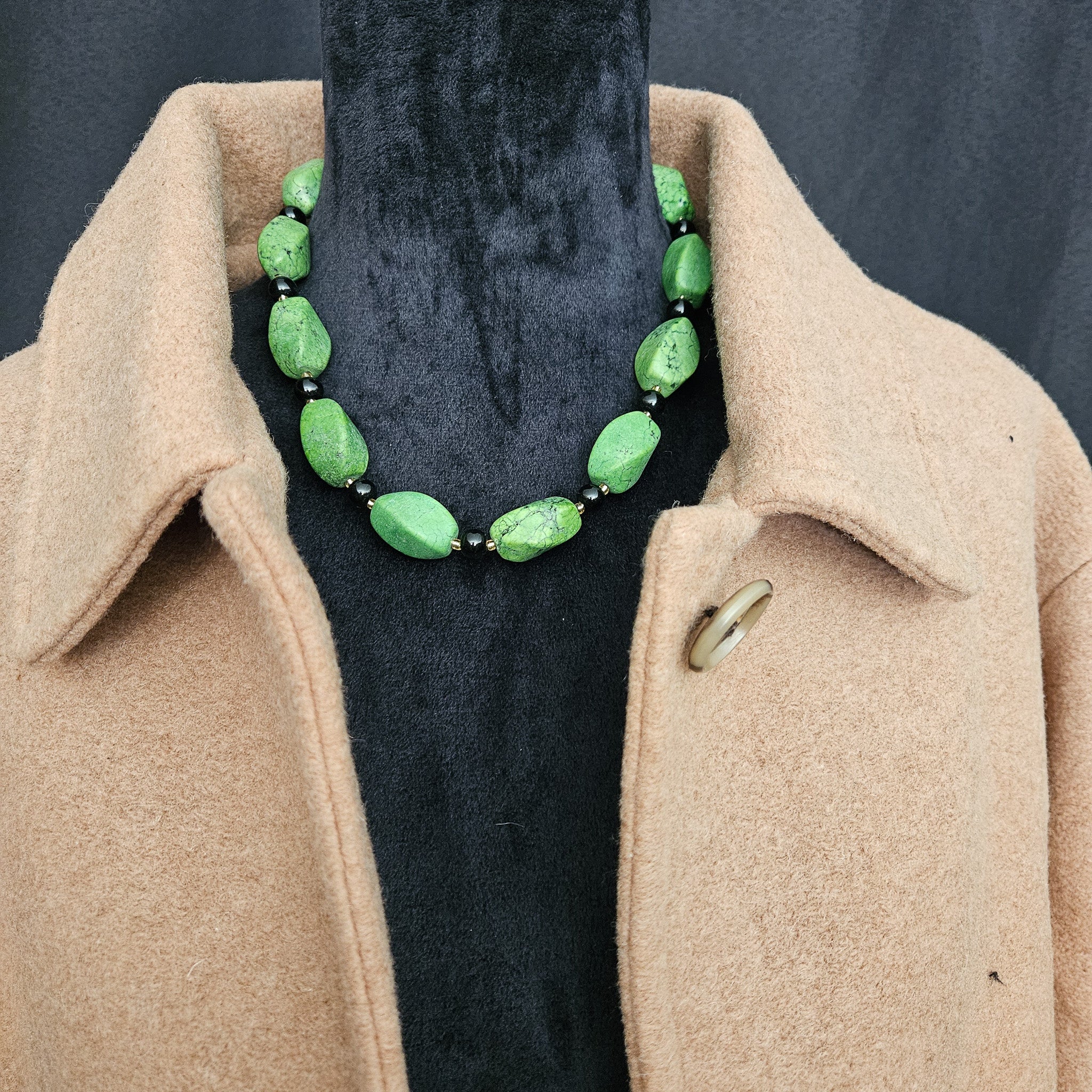 Green Gasperetti Stone and Obsidian Bead Necklace