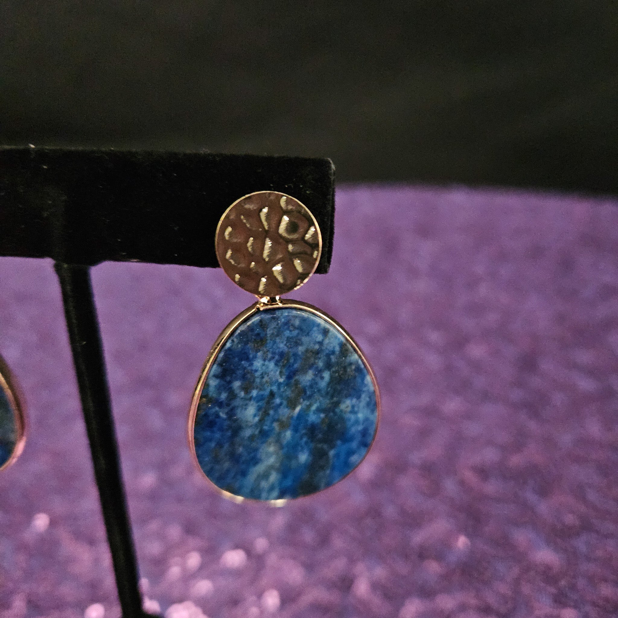 Gold Blue Lapis Lazuli Stone Bezel Studded Drop Earrings