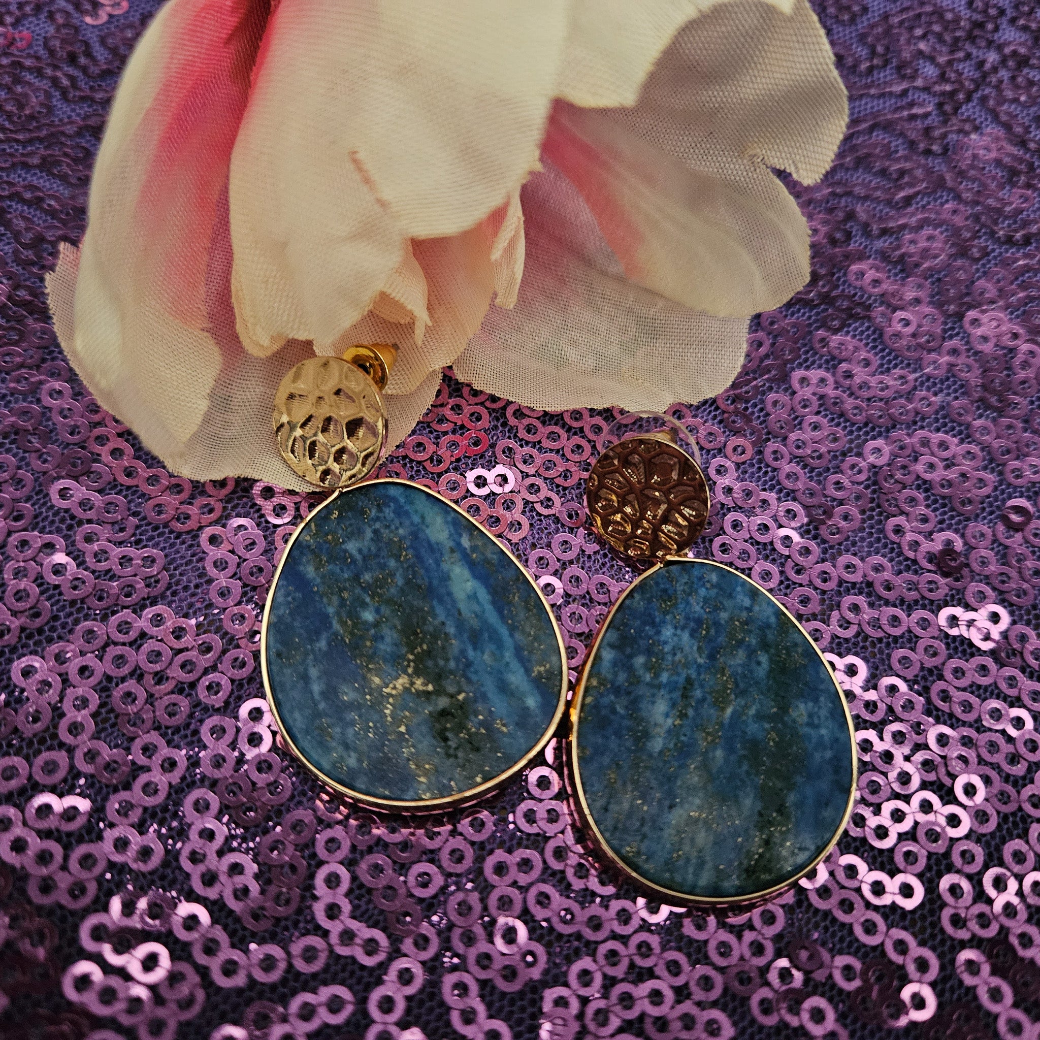 Gold Blue Lapis Lazuli Stone Bezel Studded Drop Earrings