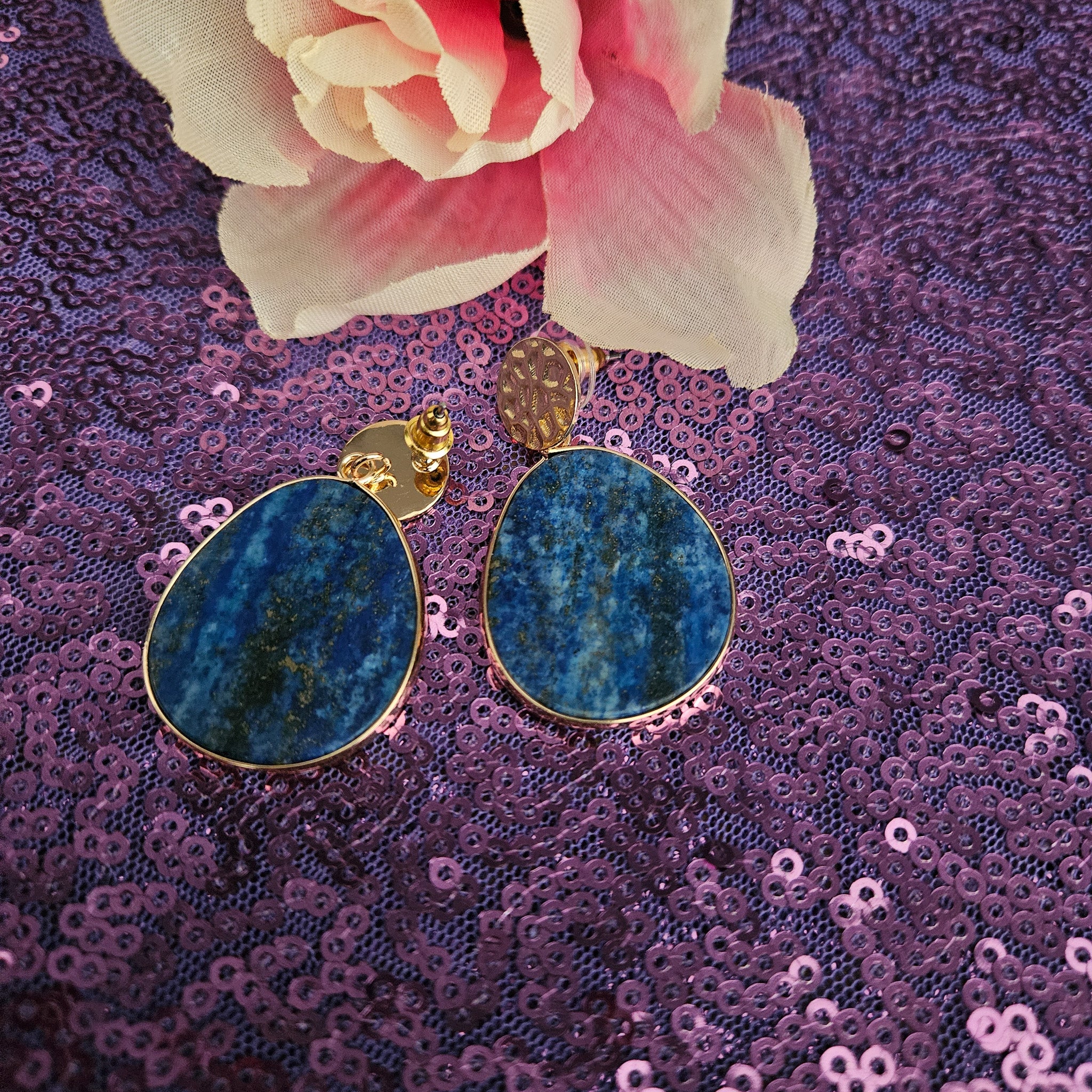 Gold Blue Lapis Lazuli Stone Bezel Studded Drop Earrings