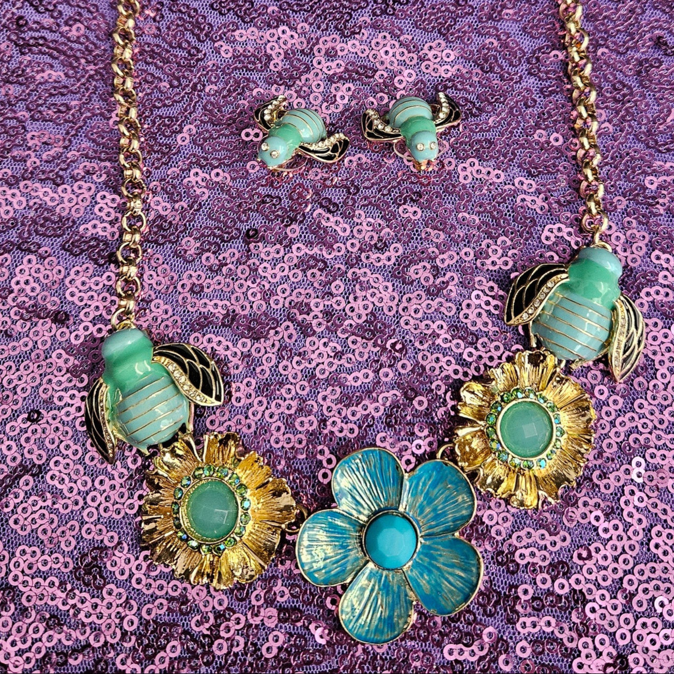 Blue Bumble Bee and Flower Enamel Painted Necklace and Earring Jewelry Set