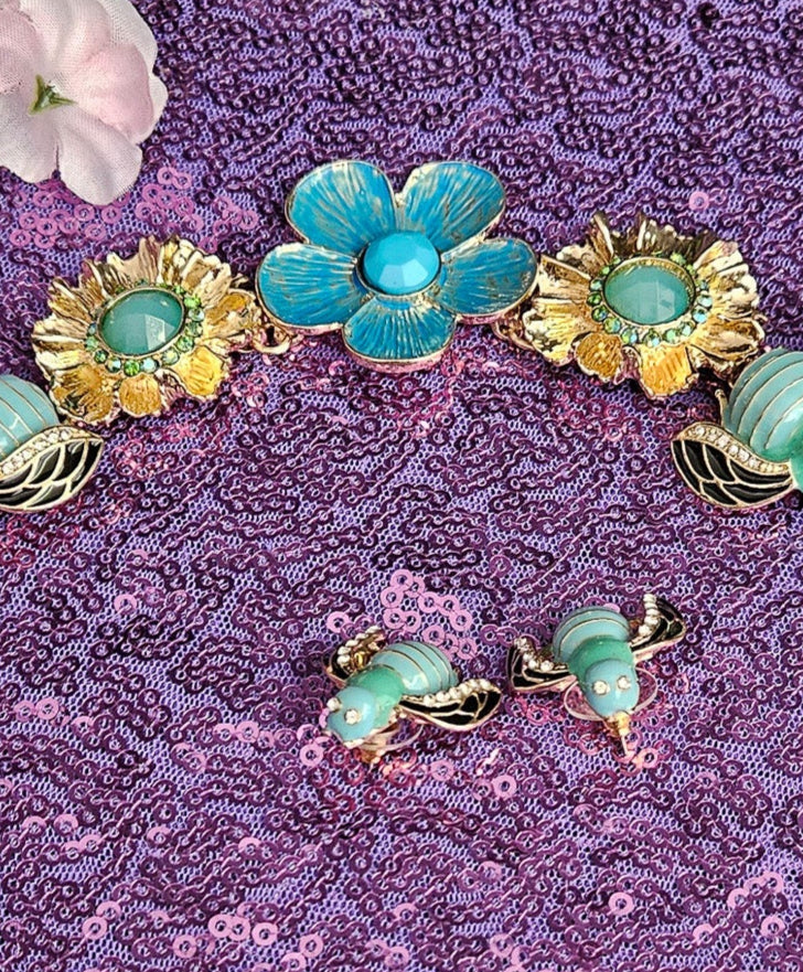 Blue Bumble Bee and Flower Enamel Painted Necklace and Earring Jewelry Set
