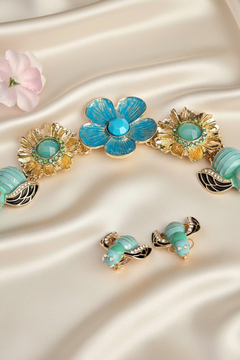 Blue Bumble Bee and Flower Enamel Painted Necklace and Earring Jewelry Set