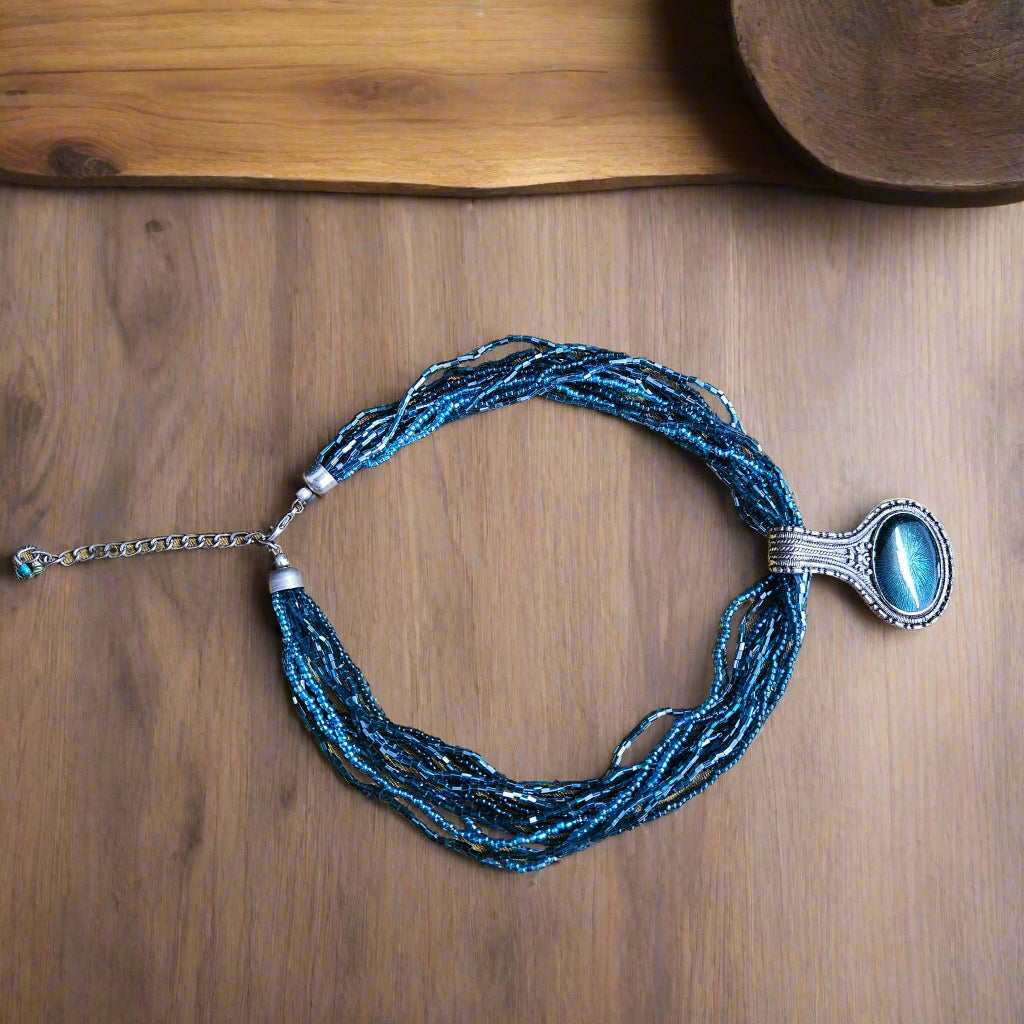 Teal Blue Beaded and Sterling Silver Blue Charm