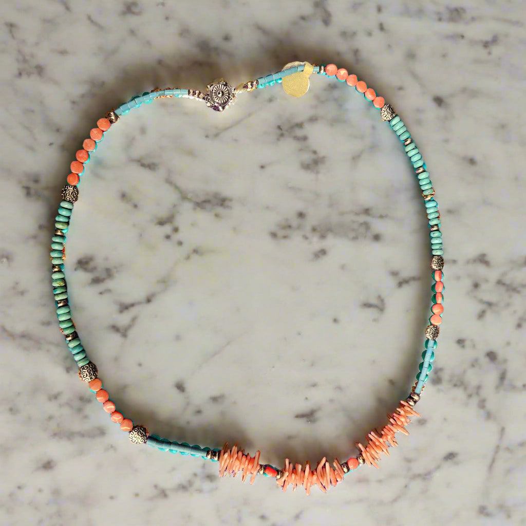 Turquoise and Coral Hand-crafted Beaded Necklace