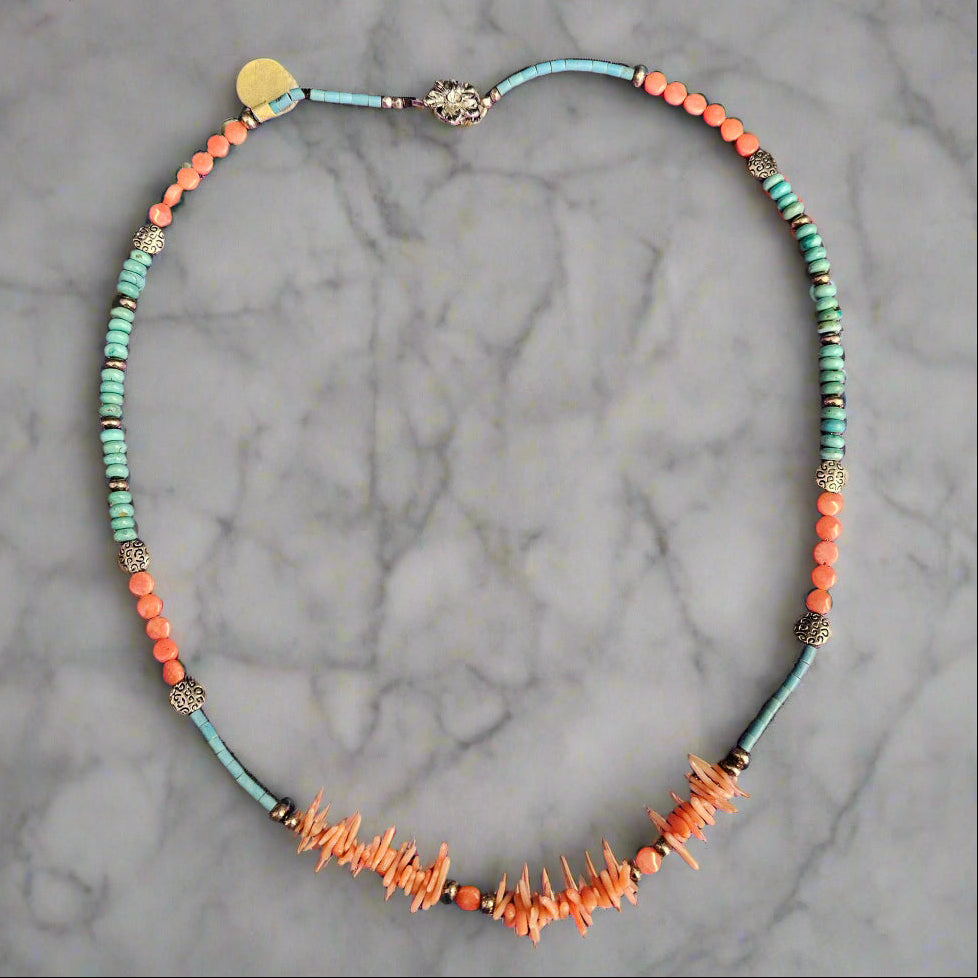 Turquoise and Coral Hand-crafted Beaded Necklace