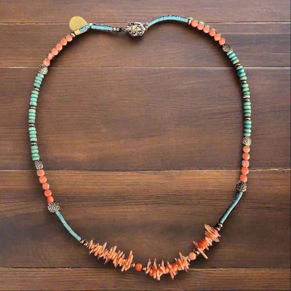 Turquoise and Coral Hand-crafted Beaded Necklace