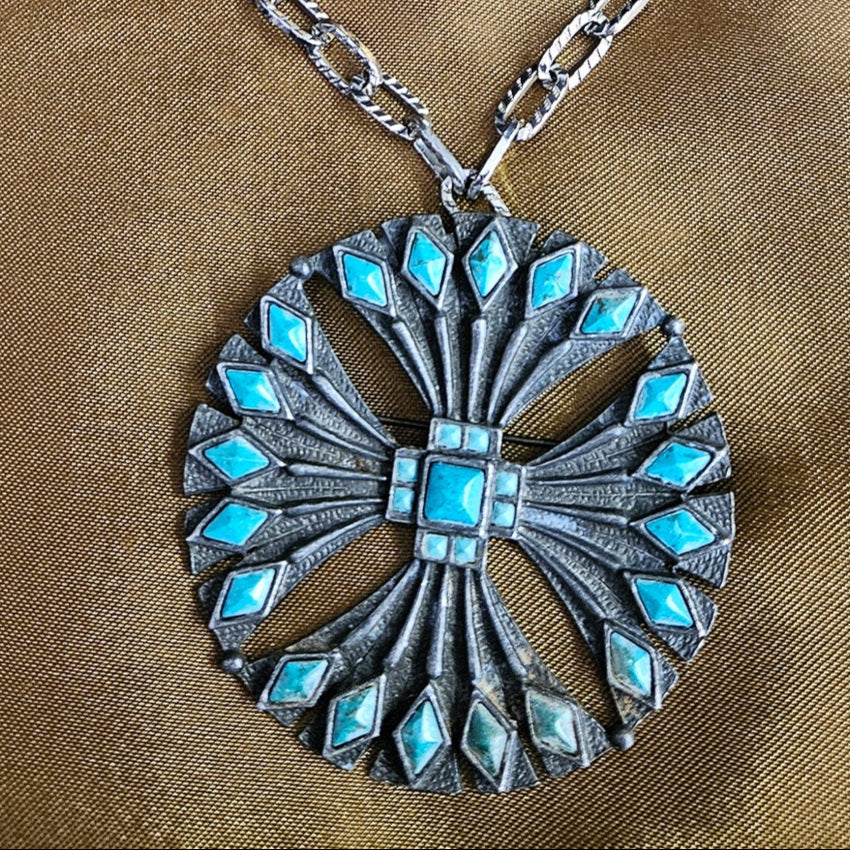 Turquoise Dyed Stone Cross Style Pendant on a Paper Clip Silver Chain