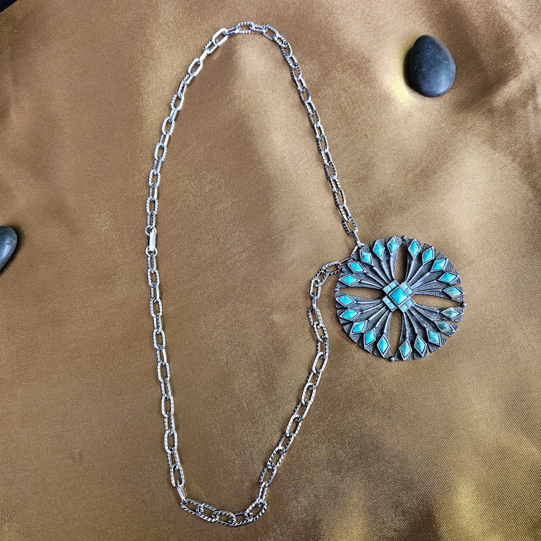 Turquoise Dyed Stone Cross Style Pendant on a Paper Clip Silver Chain