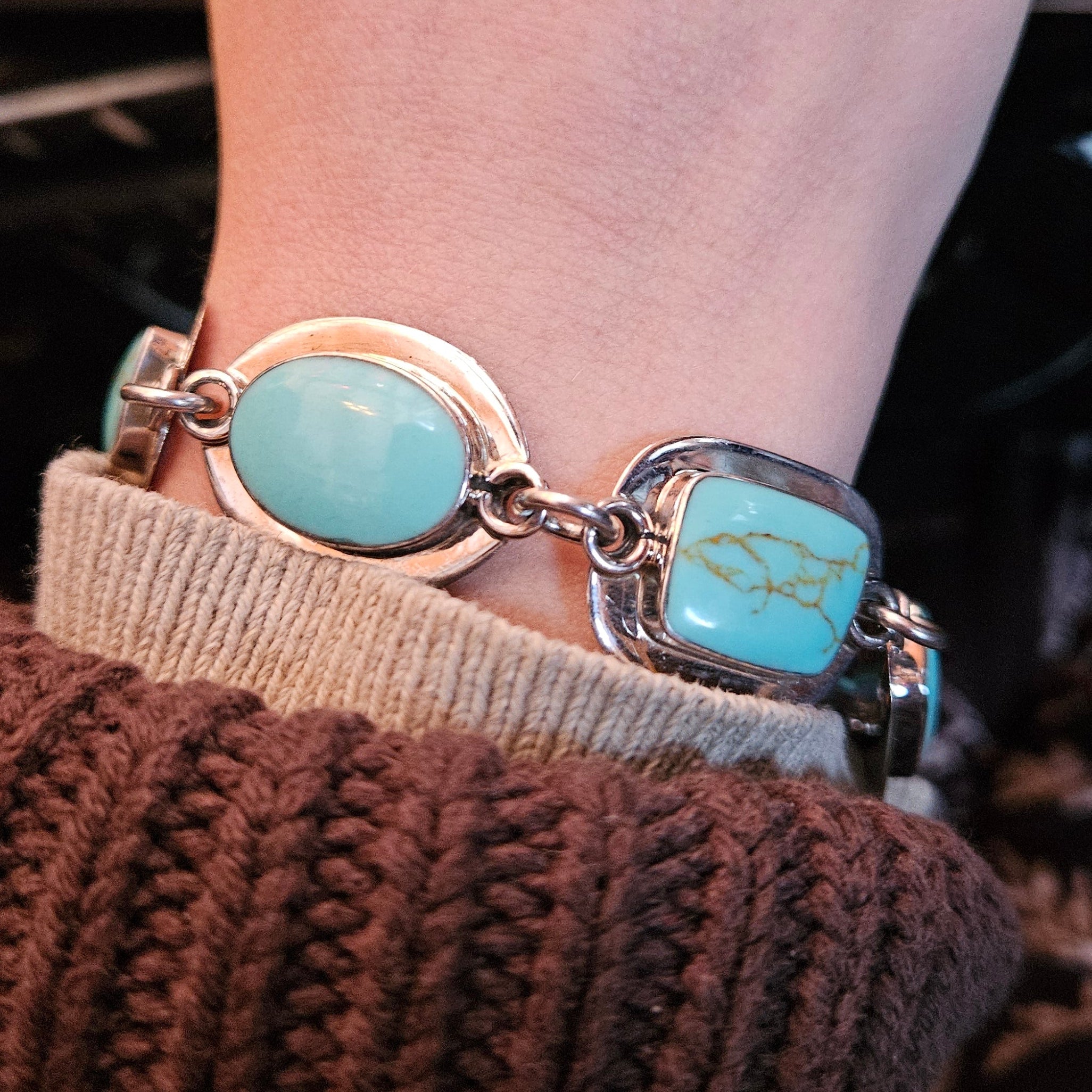 Sterling Silver Link Bracelet with 5 Royston Turquoise Gemstones From Mexico