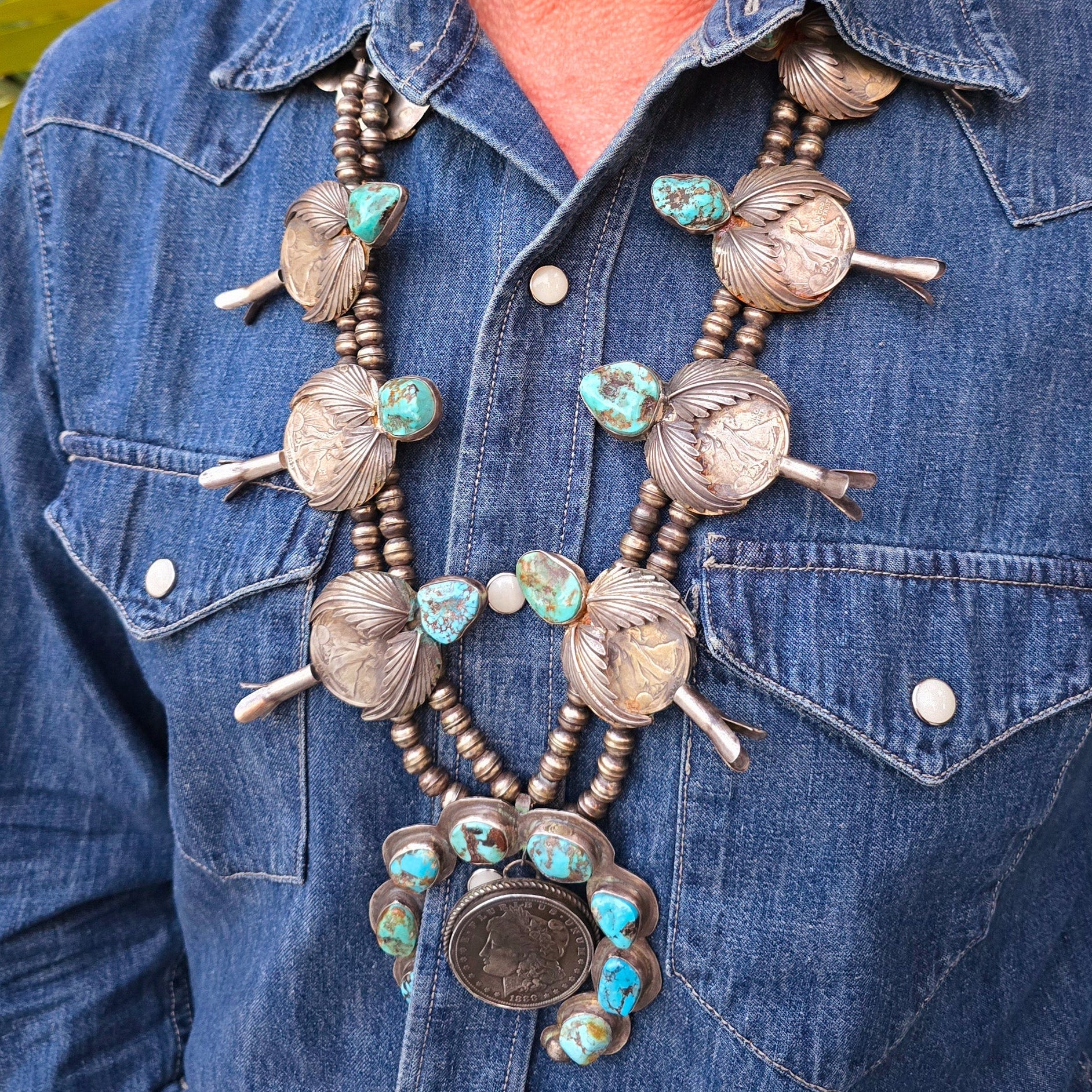Vintage Native American Navajo Turquoise Sterling Silver Squash Blossom Necklace