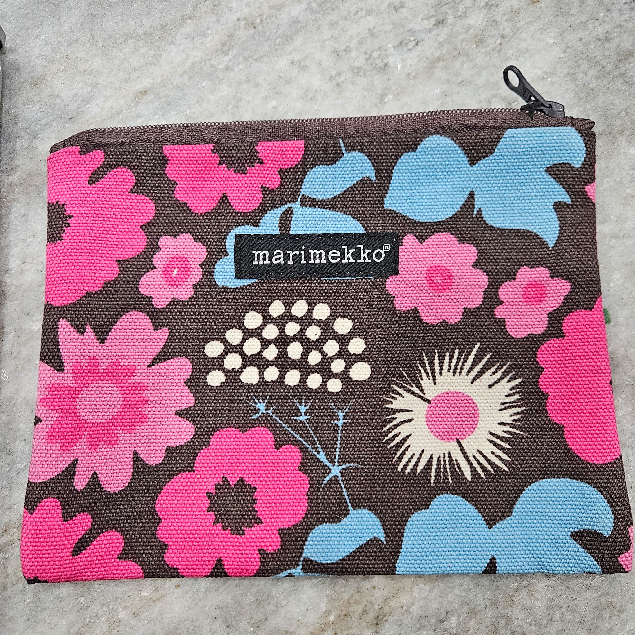 Marimekko Pencil Bag Brown with Pink and Blue Floral Design