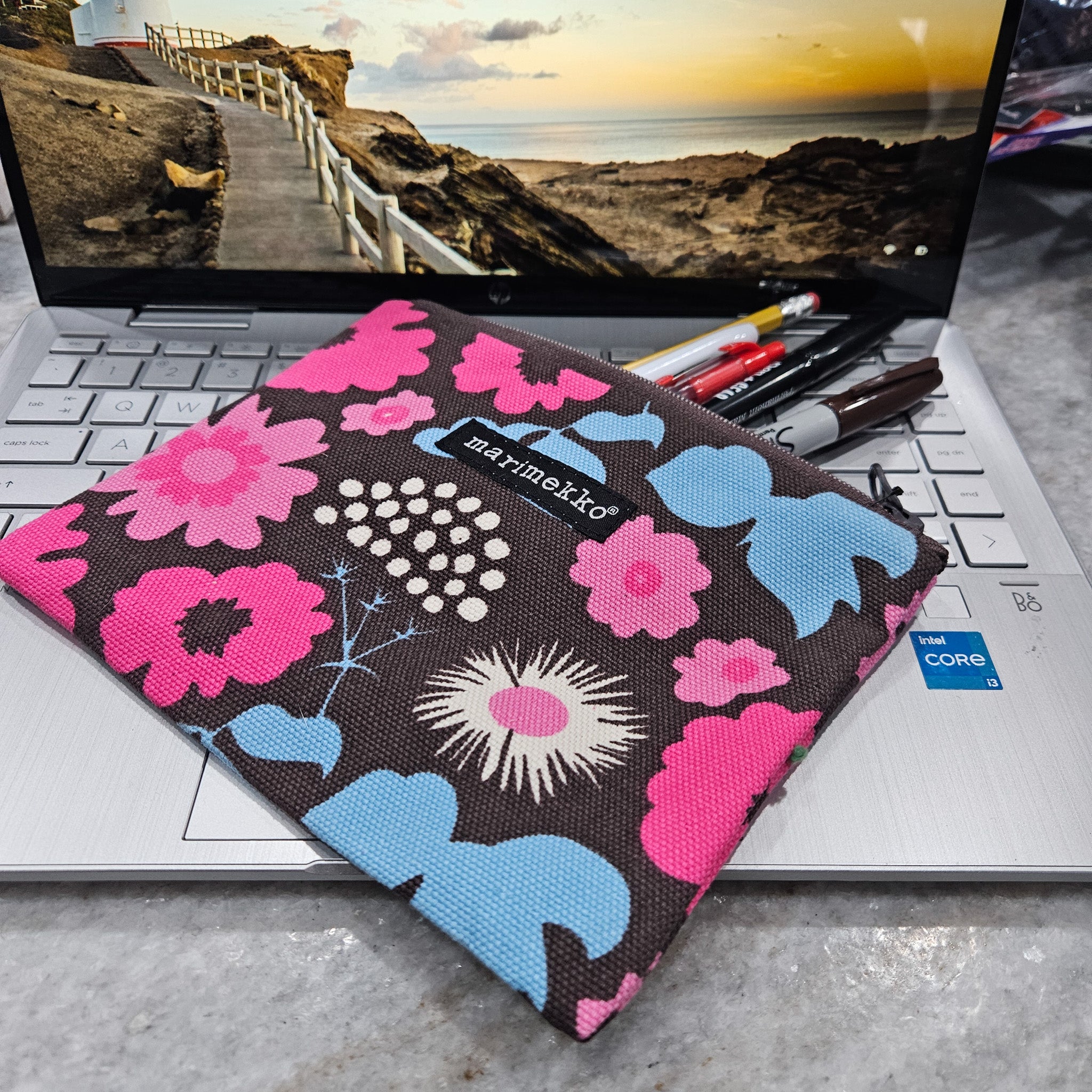 Marimekko Pencil Bag Brown with Pink and Blue Floral Design