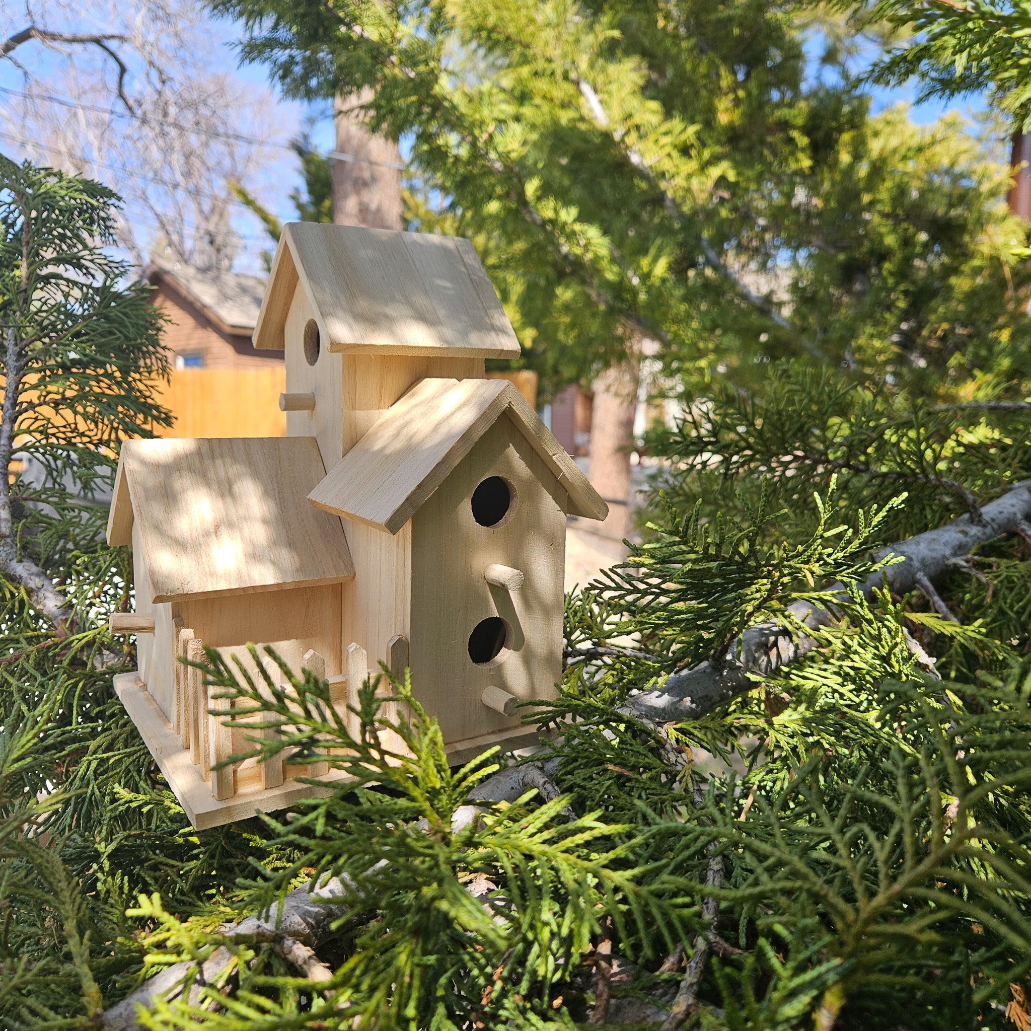 Raw Wood Three Tier 3 Room Bird House with Picket Fence