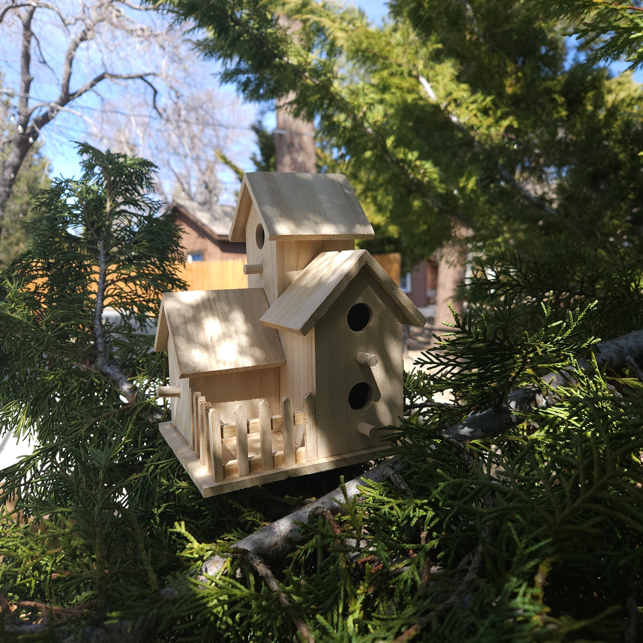 Raw Wood Three Tier 3 Room Bird House with Picket Fence