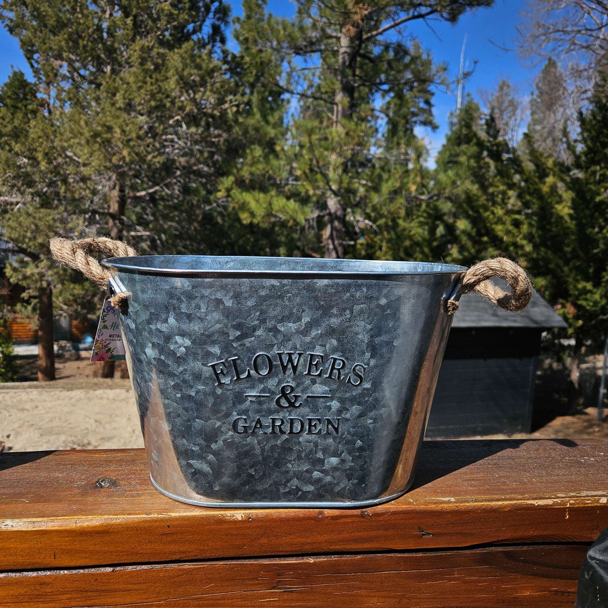 Metal Siver Colored Oval Shaped "Flower & Garden" Container