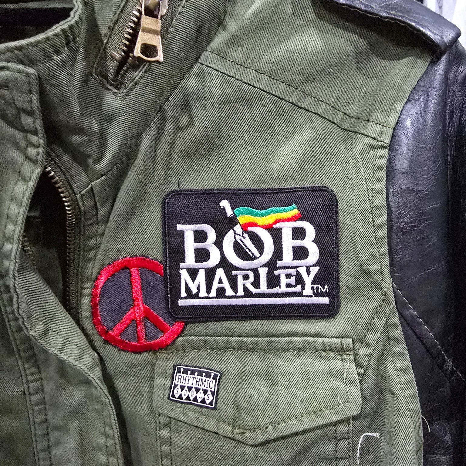 Custom Therapy Army Green and Black Zipper Hooded Patch Jacket with Black Sleeves