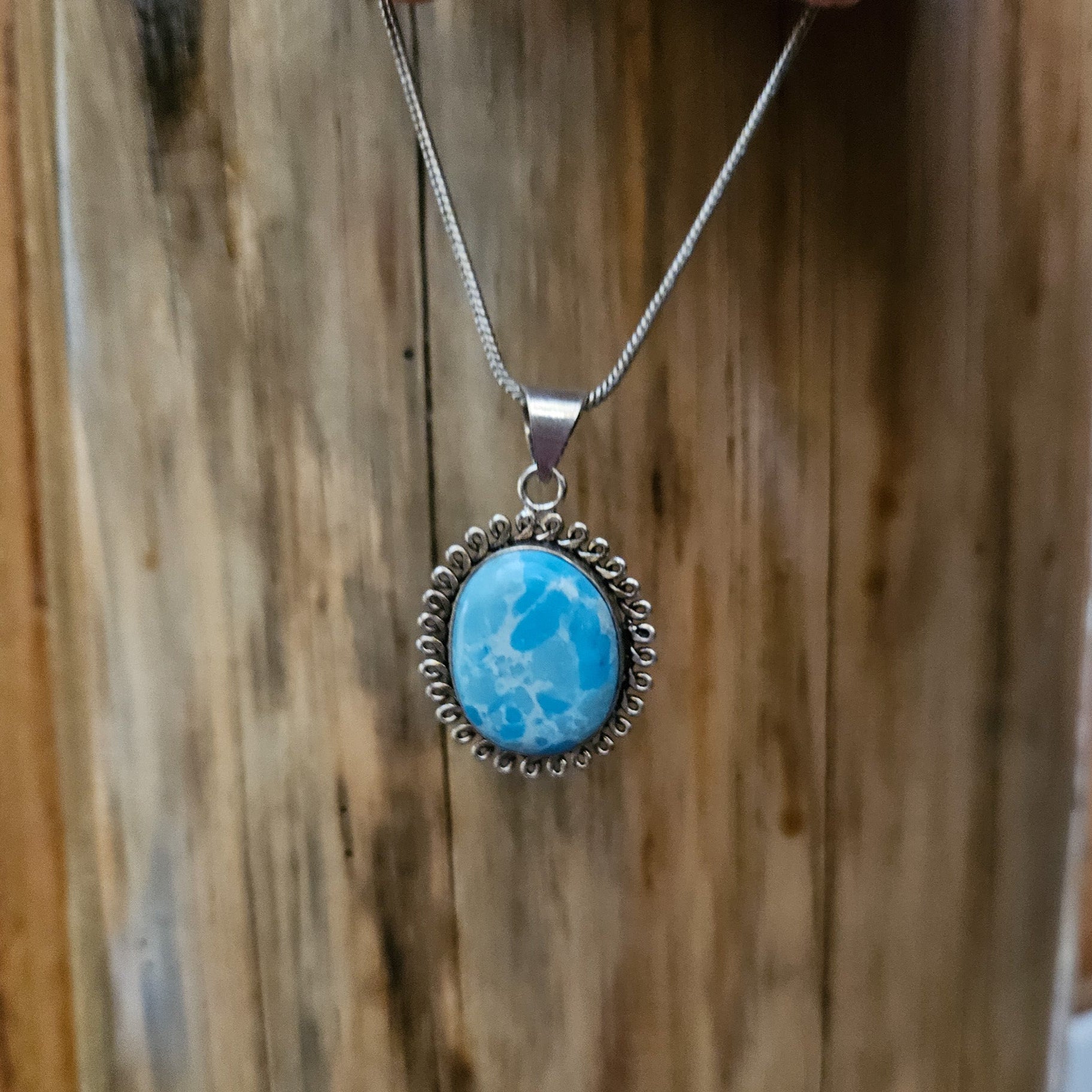 Twisted Sterling Silver Frame with Oval Larimar Stone Necklace