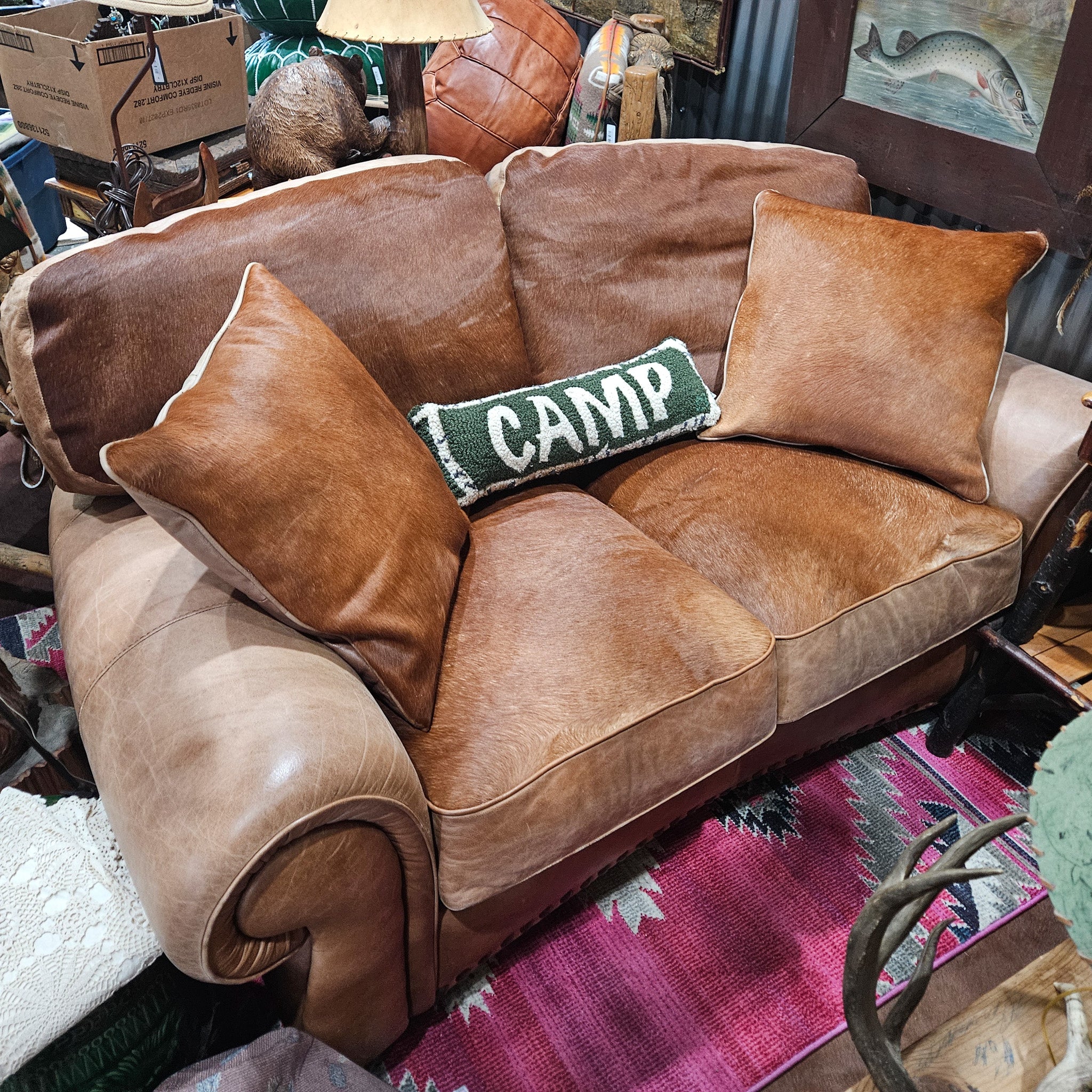 Classic Loveseat Sofa Featuring Custom Cinnamon Cowhide and Leather Upholstery