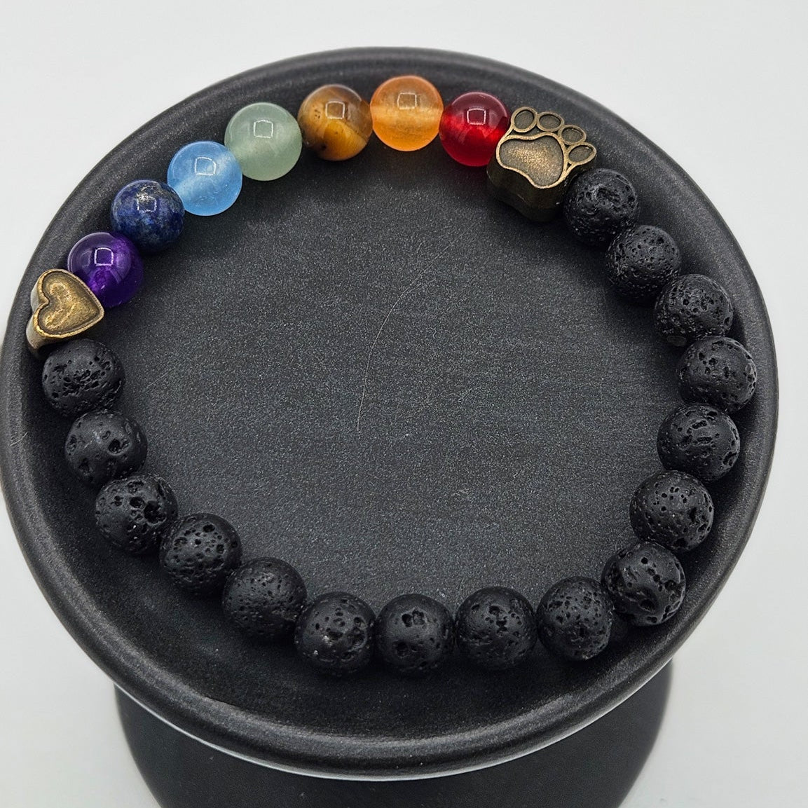 7 Chakra Lava Stone Stretch Bracelet Featuring Bear Paw and Heart Charm