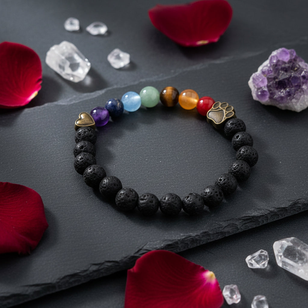 7 Chakra Lava Stone Stretch Bracelet Featuring Bear Paw and Heart Charm