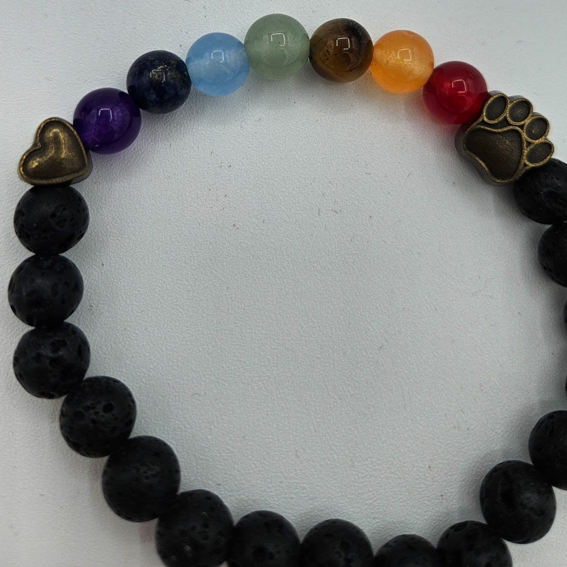 7 Chakra Lava Stone Stretch Bracelet Featuring Bear Paw and Heart Charm