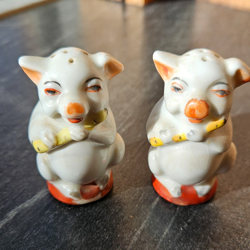 Vintage Anthropomorphic Ceramic Pigs Salt and Pepper Shakers