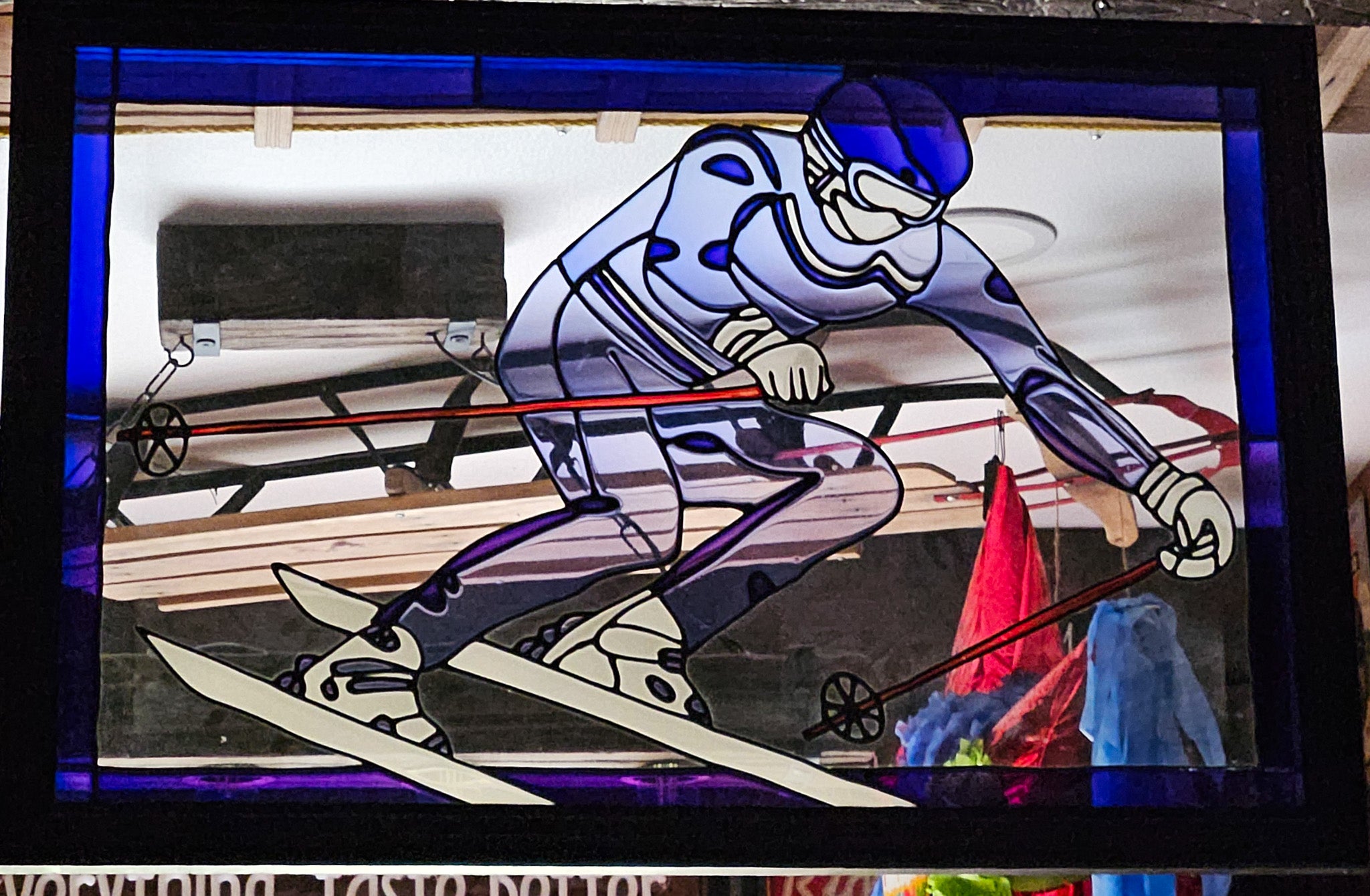 Striking Hand-Painted Alpine Skier Glass Art Panel 35.5x23.5 inches