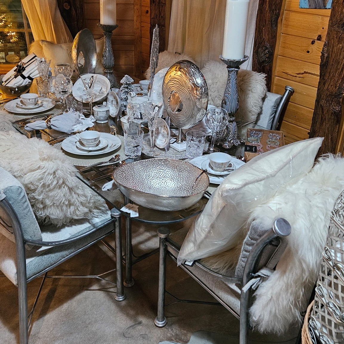 Vintage Raw Metal Table with Glass Tabletop and Six Chairs with Cowhide Cushions (From the Kreiss Collection) Restyled 90s Piece