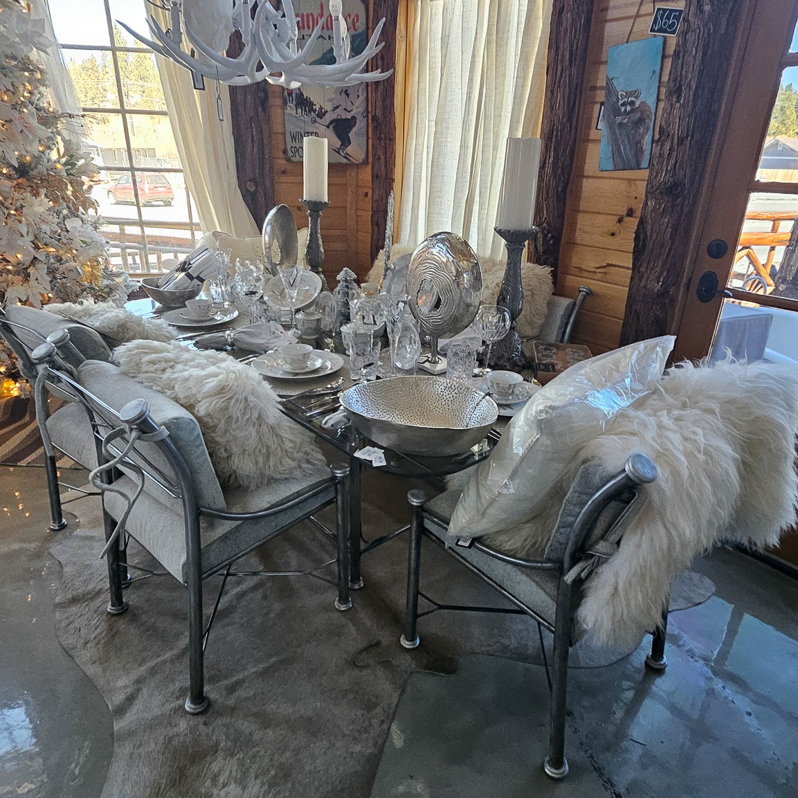 Vintage Raw Metal Table with Glass Tabletop and Six Chairs with Cowhide Cushions (From the Kreiss Collection) Restyled 90s Piece
