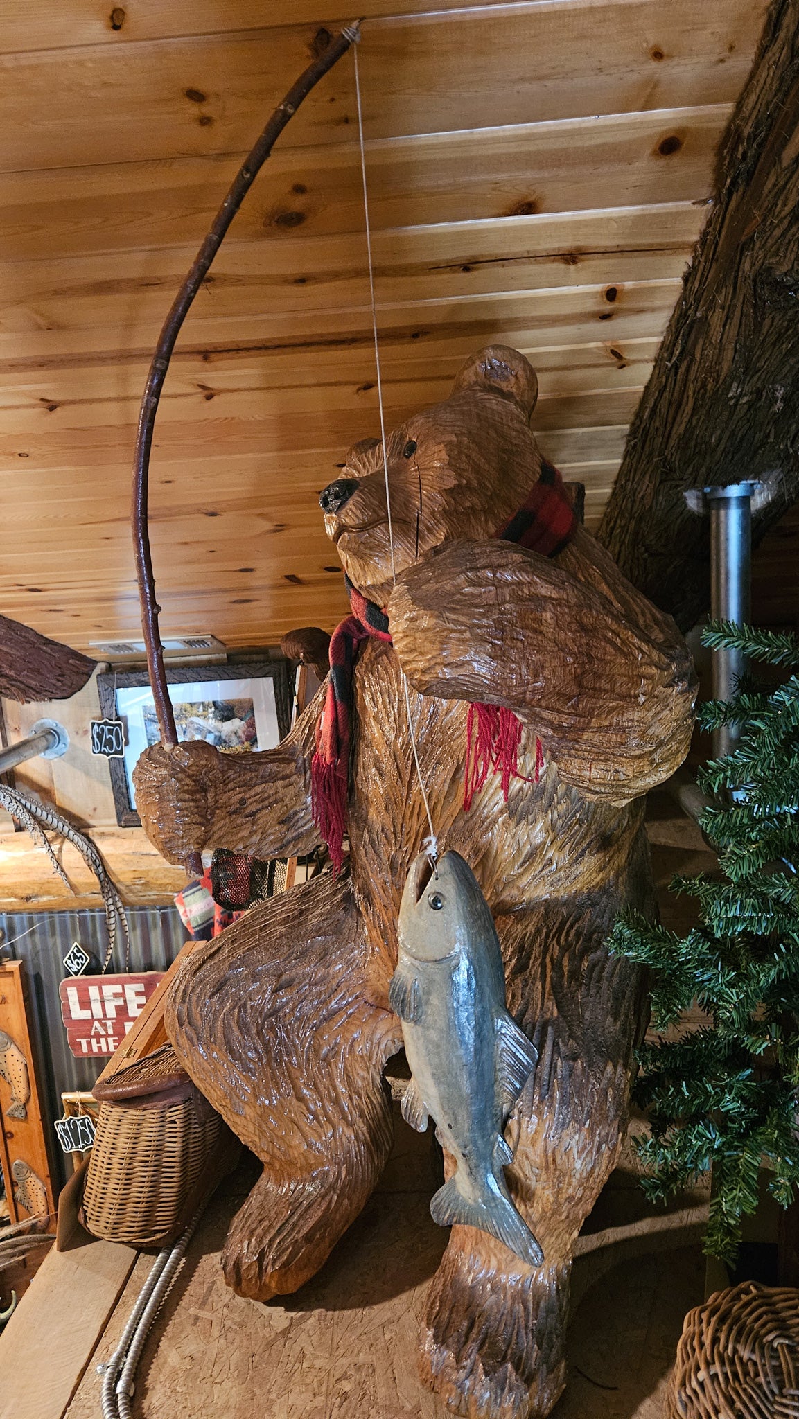 Signed Roy Hamari Hand-Carved Fishing Bear Chainsaw Sculpture – 46" Tall