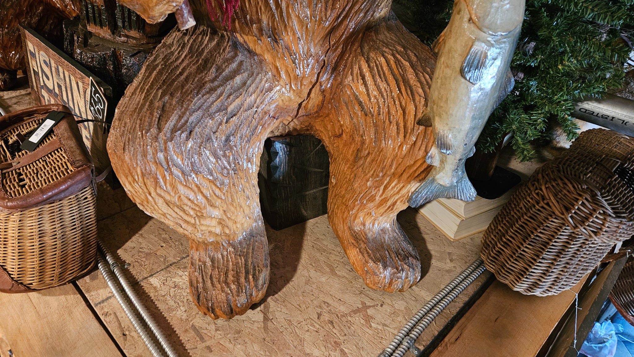 Signed Roy Hamari Hand-Carved Fishing Bear Chainsaw Sculpture – 46" Tall