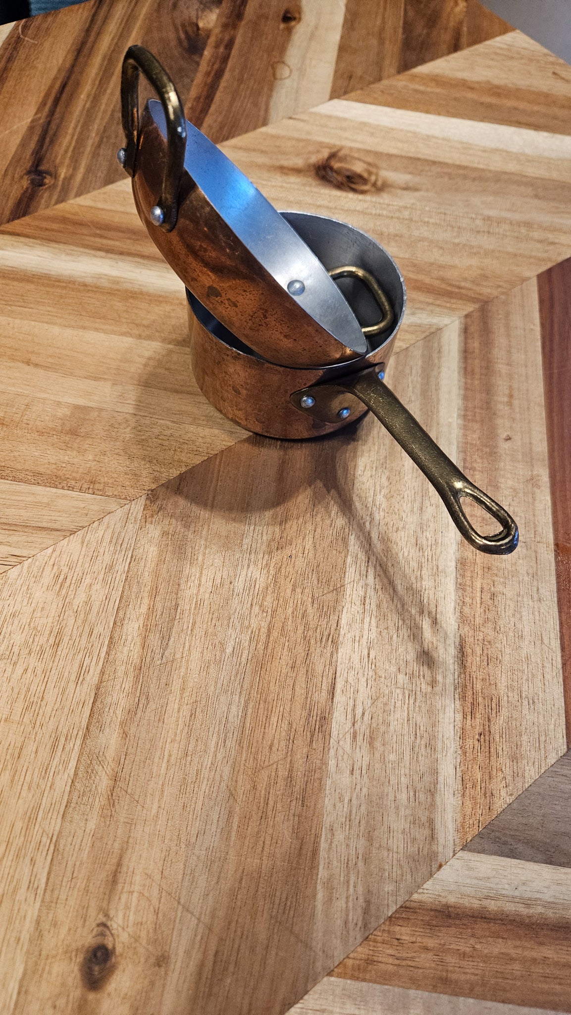 Vintage French Copper Cookware set (4-piece) - Vintage Mini Copper Pots and Pans / Tin - lined / Brass handles - William Sonoma Purchase