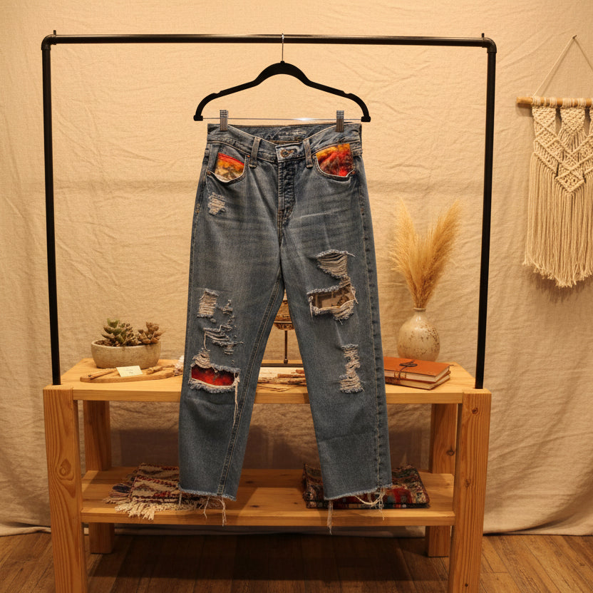 Vintage High Rise Slouchy Straight Jeans with Custom Pendleton Inlay – Women's Size 2