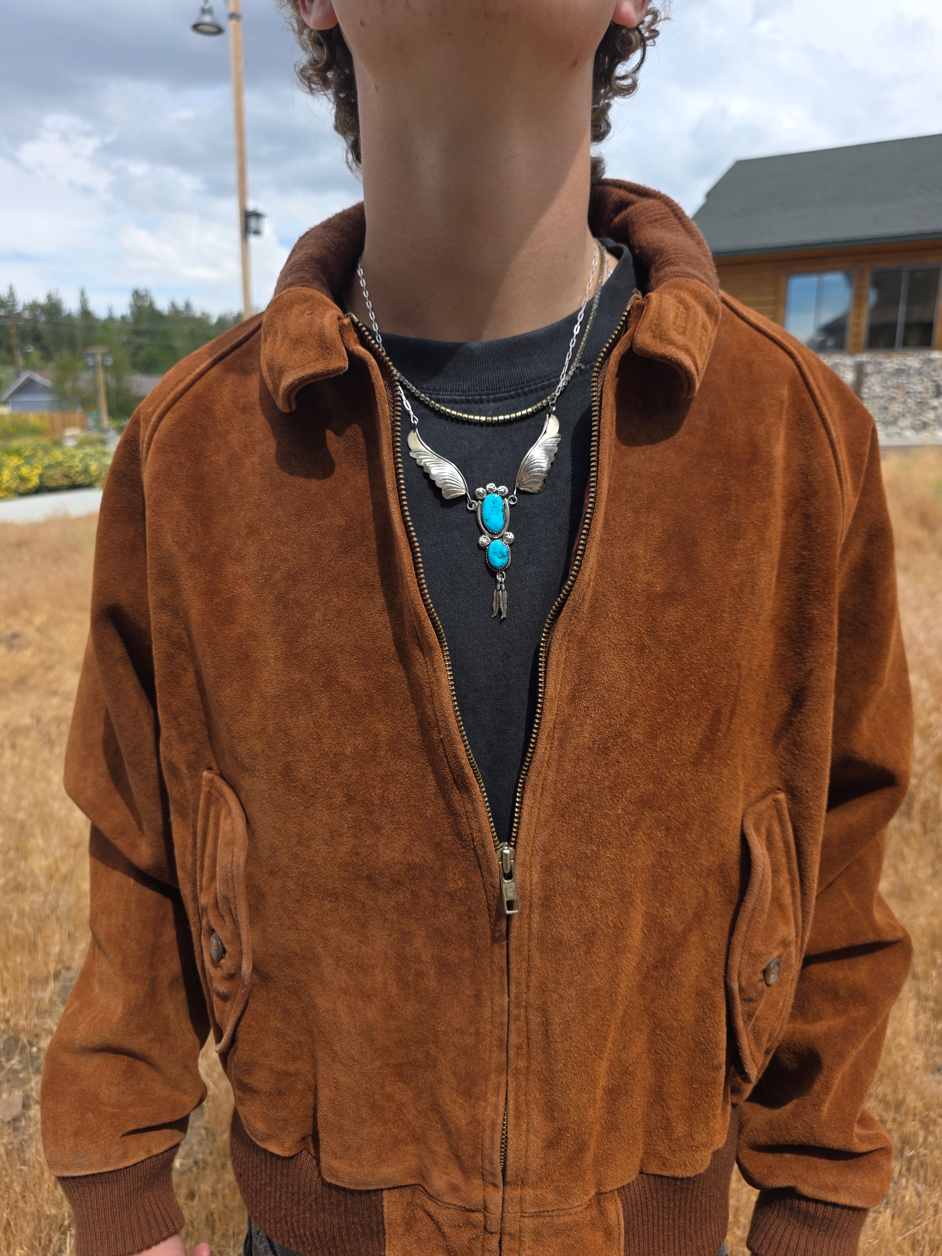 Vintage Nickel Turquoise Feather Necklace - Southwestern Style