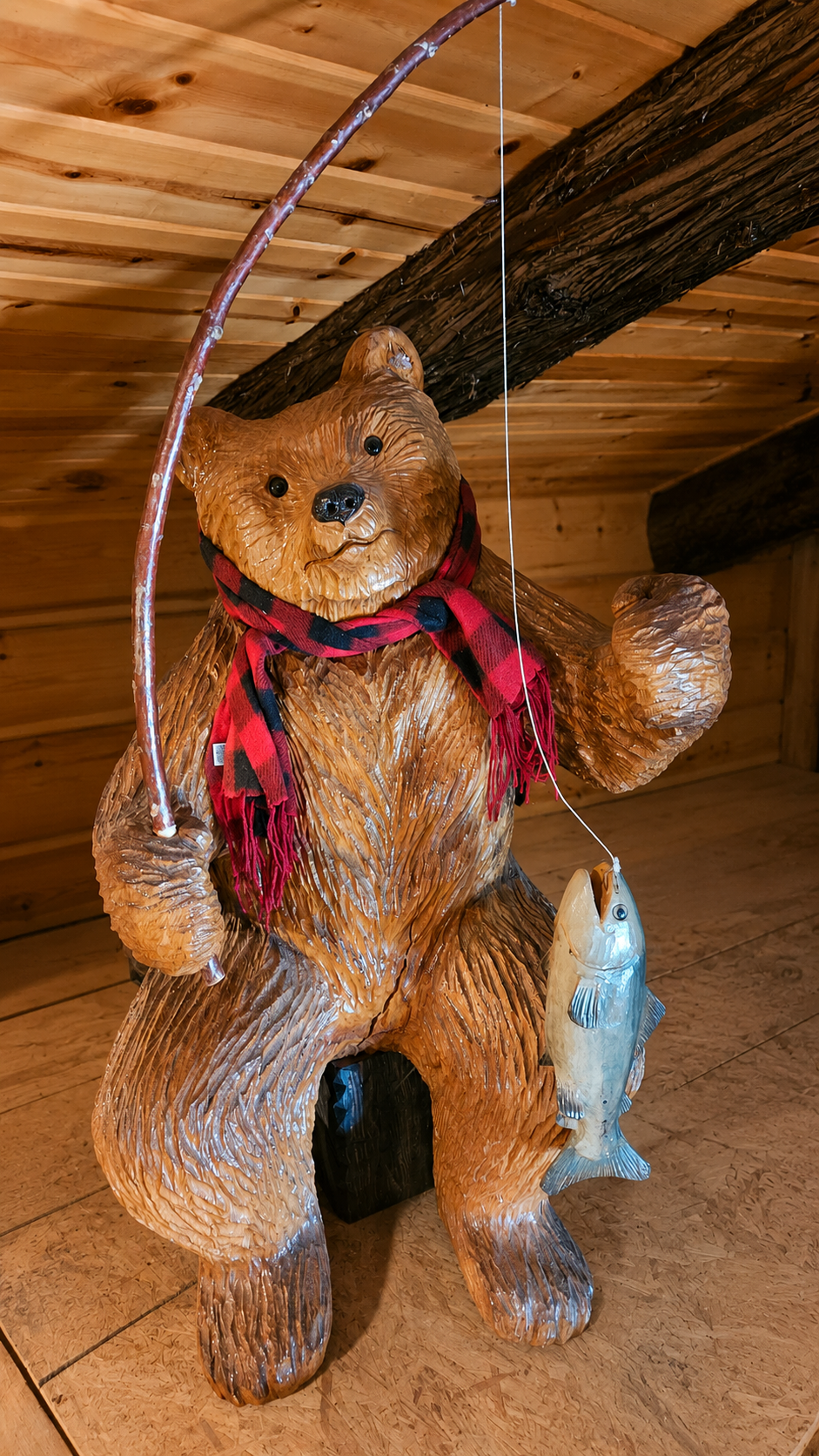 Signed Roy Hamari Hand-Carved Fishing Bear Chainsaw Sculpture – 46" Tall